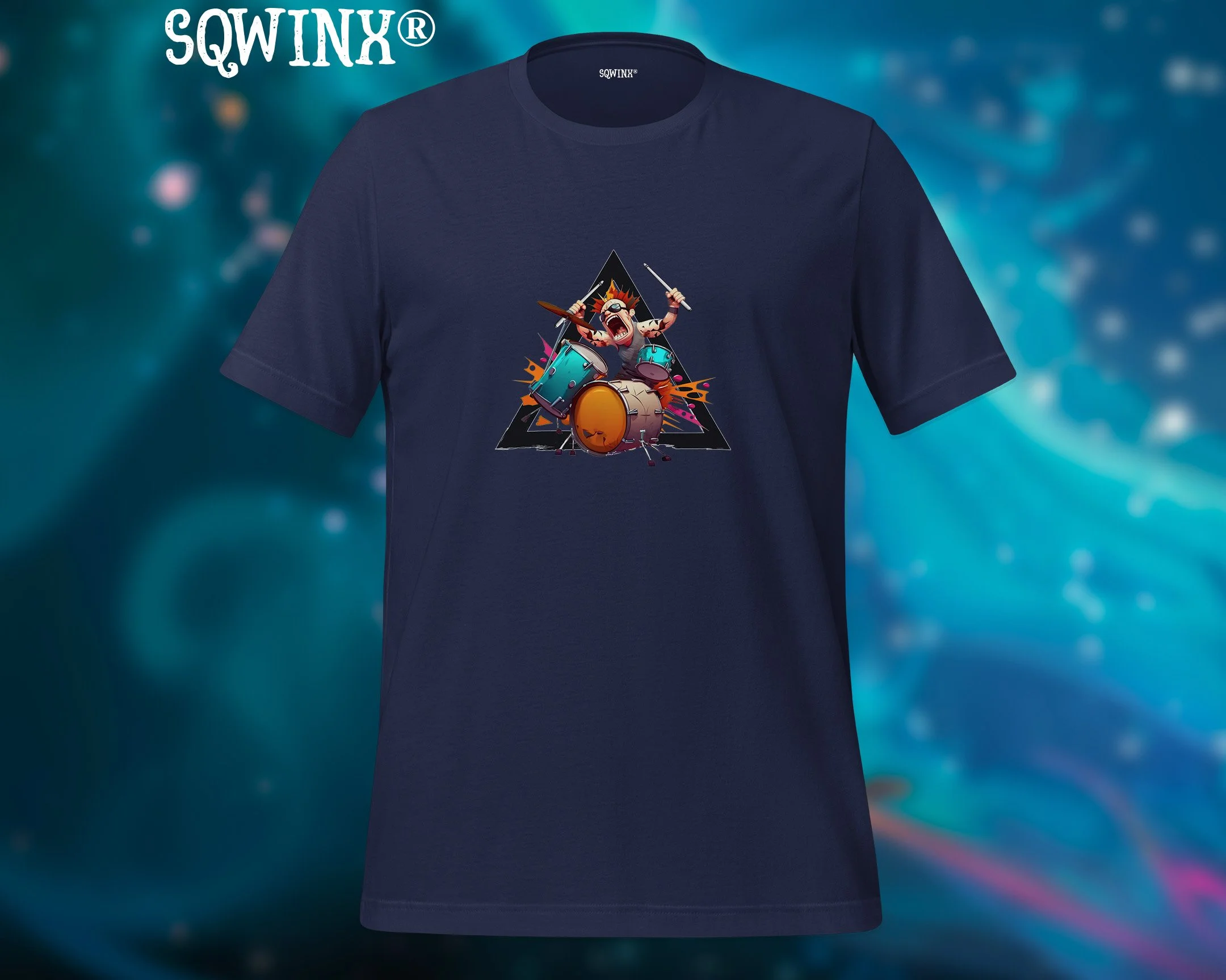 Sqwinx® Navy cotton.  Colorful funny Drummer Tee