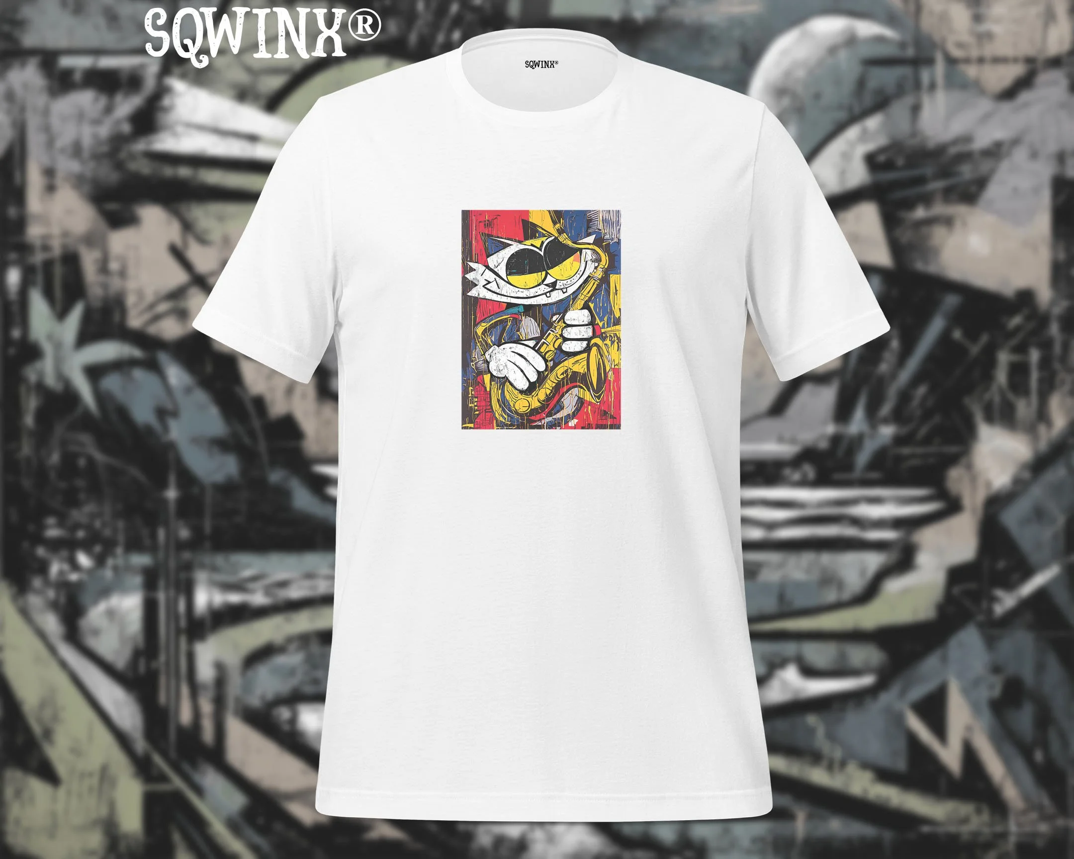 Sqwinx® White cotton Tee, Graffiti Comic Cat and Saxophone design