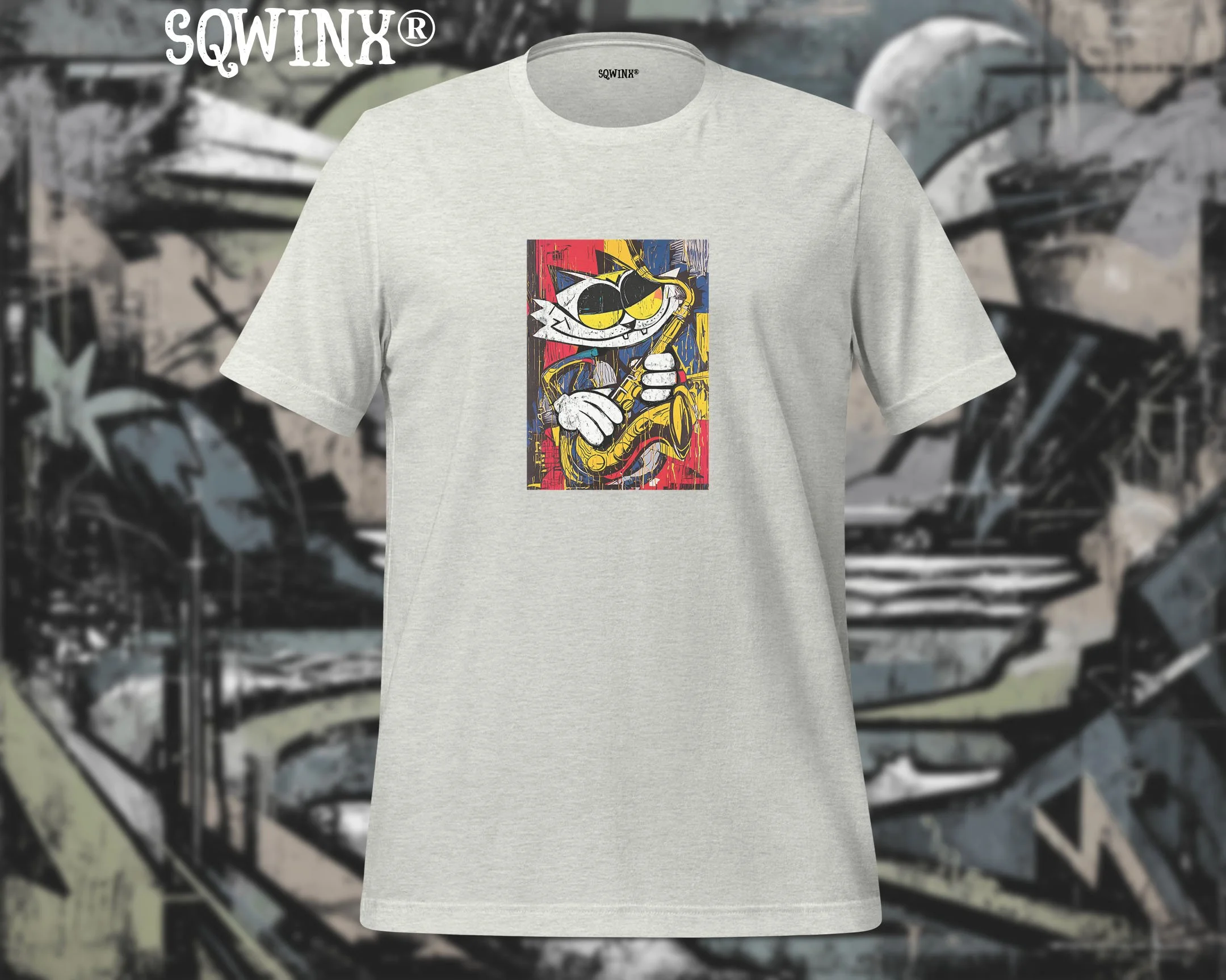 Sqwinx® Ash Tee, Graffiti Comic Cat and Saxophone design