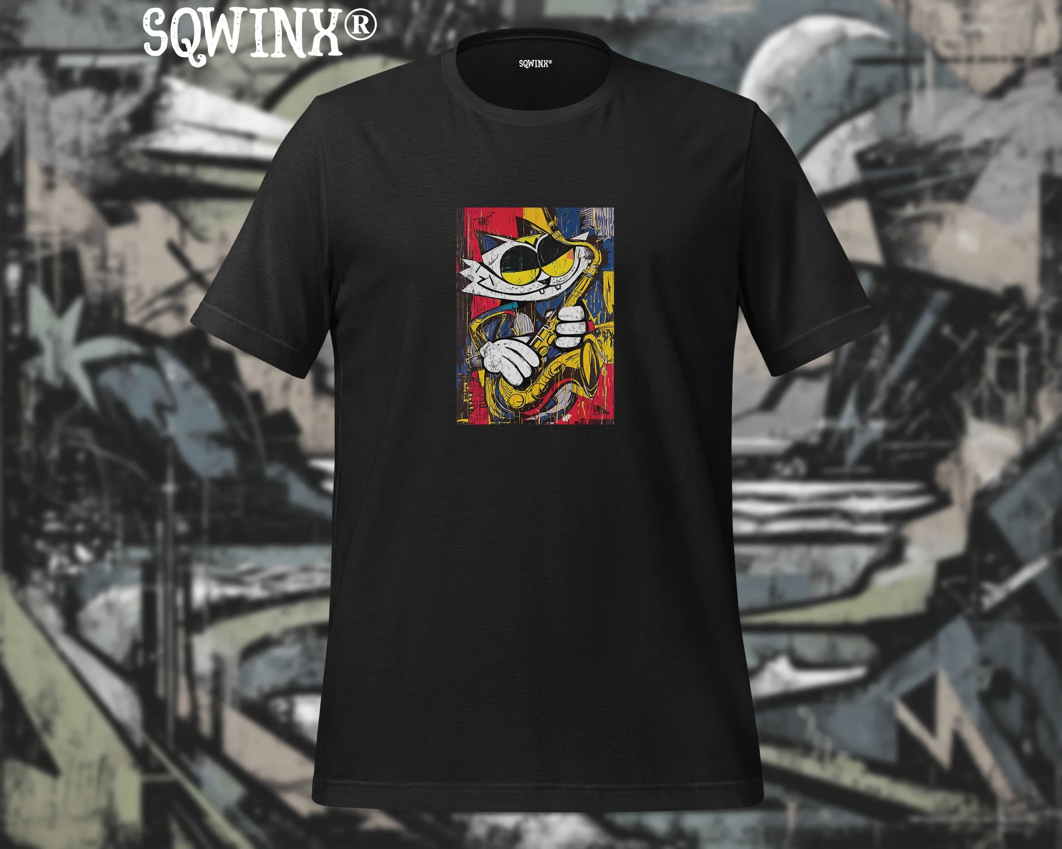 Cat and Saxophone Tee | Comic Art Graphic T-Shirt | Sqwinx®.