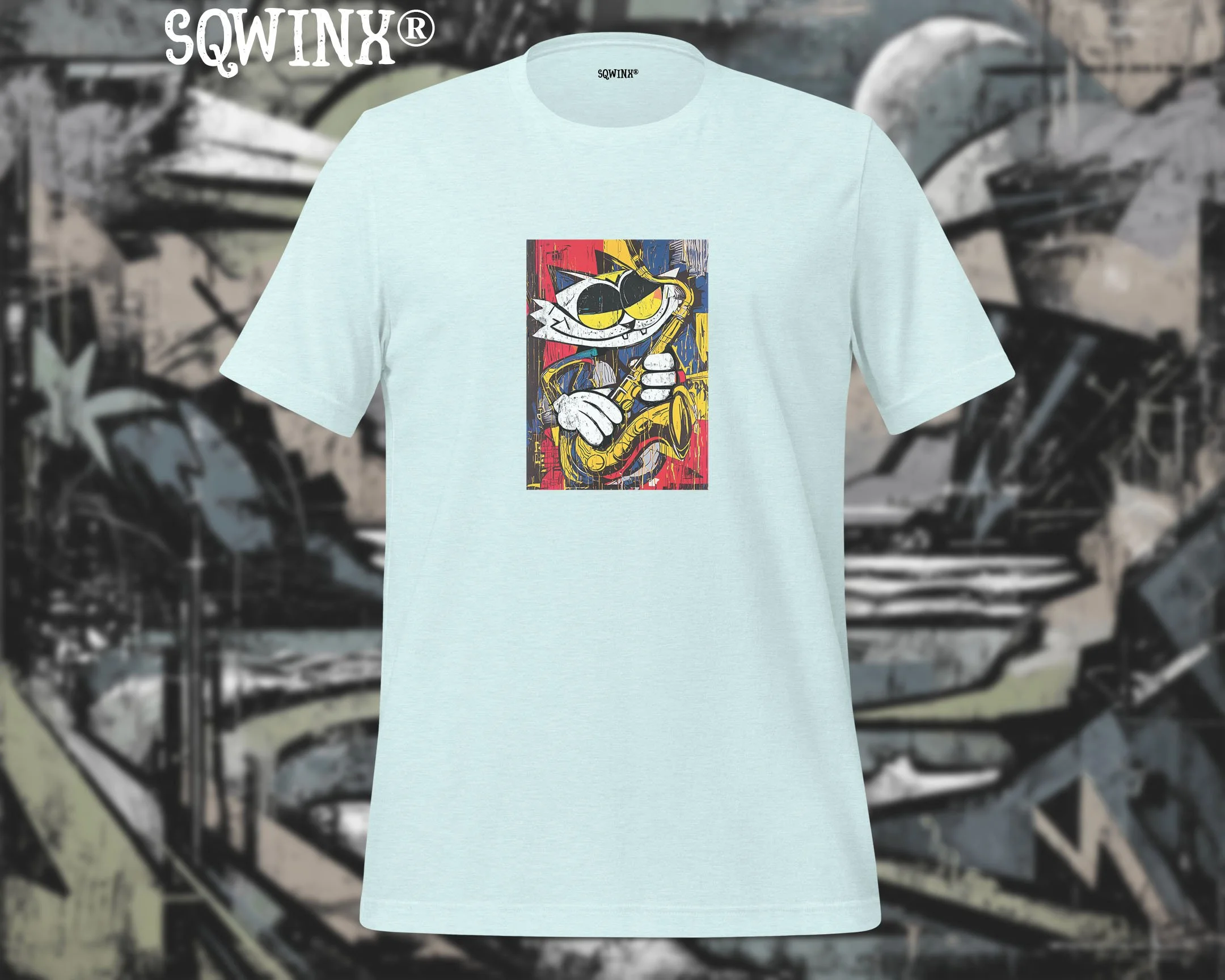 Sqwinx® Heather Ice Blue  Tee, Graffiti Comic Cat and Saxophone design