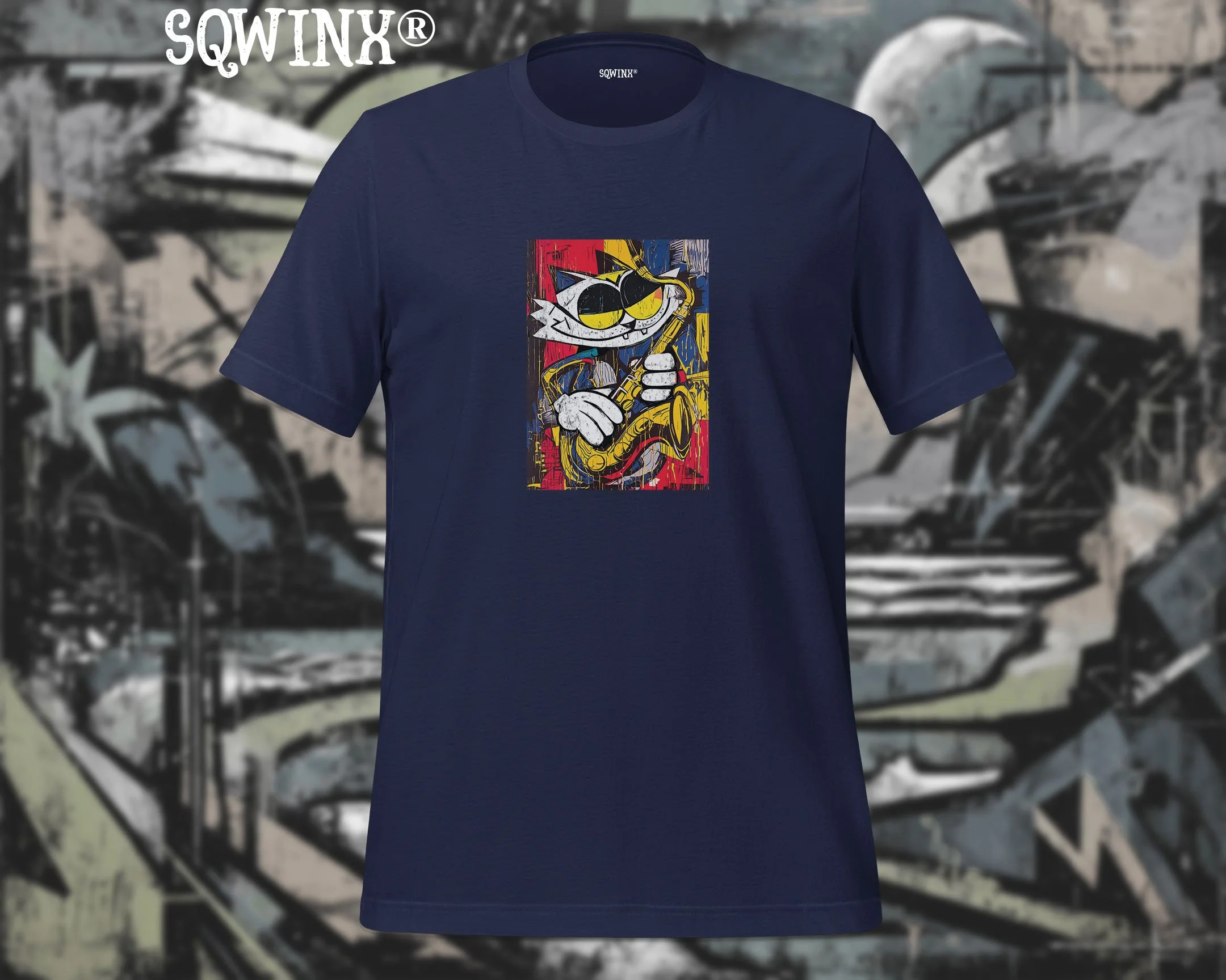 Sqwinx® Navy cotton Tee, Graffiti Comic Cat and Saxophone design