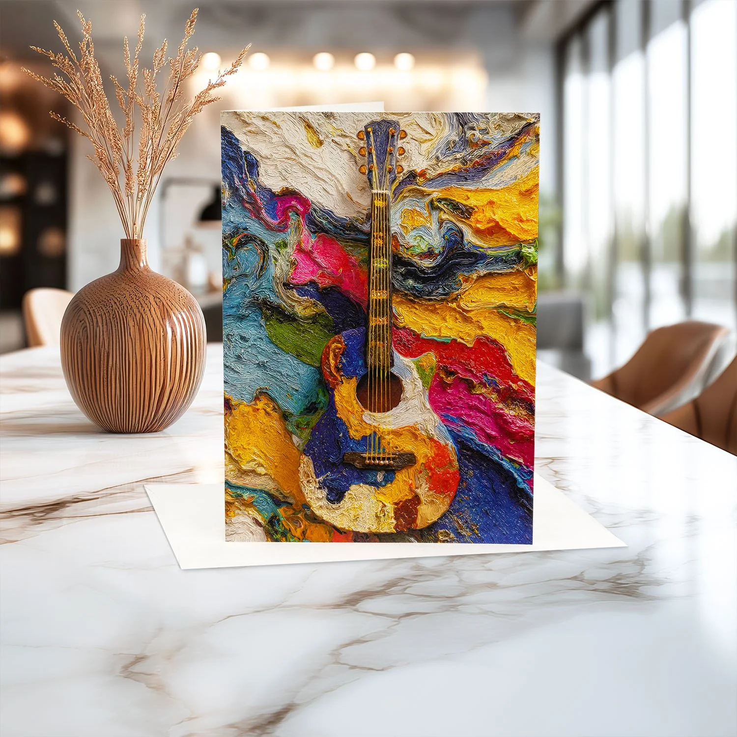 Sqwinx™ Colorful blank all occasions 5x7 greeting card .   Acoustic guitar.