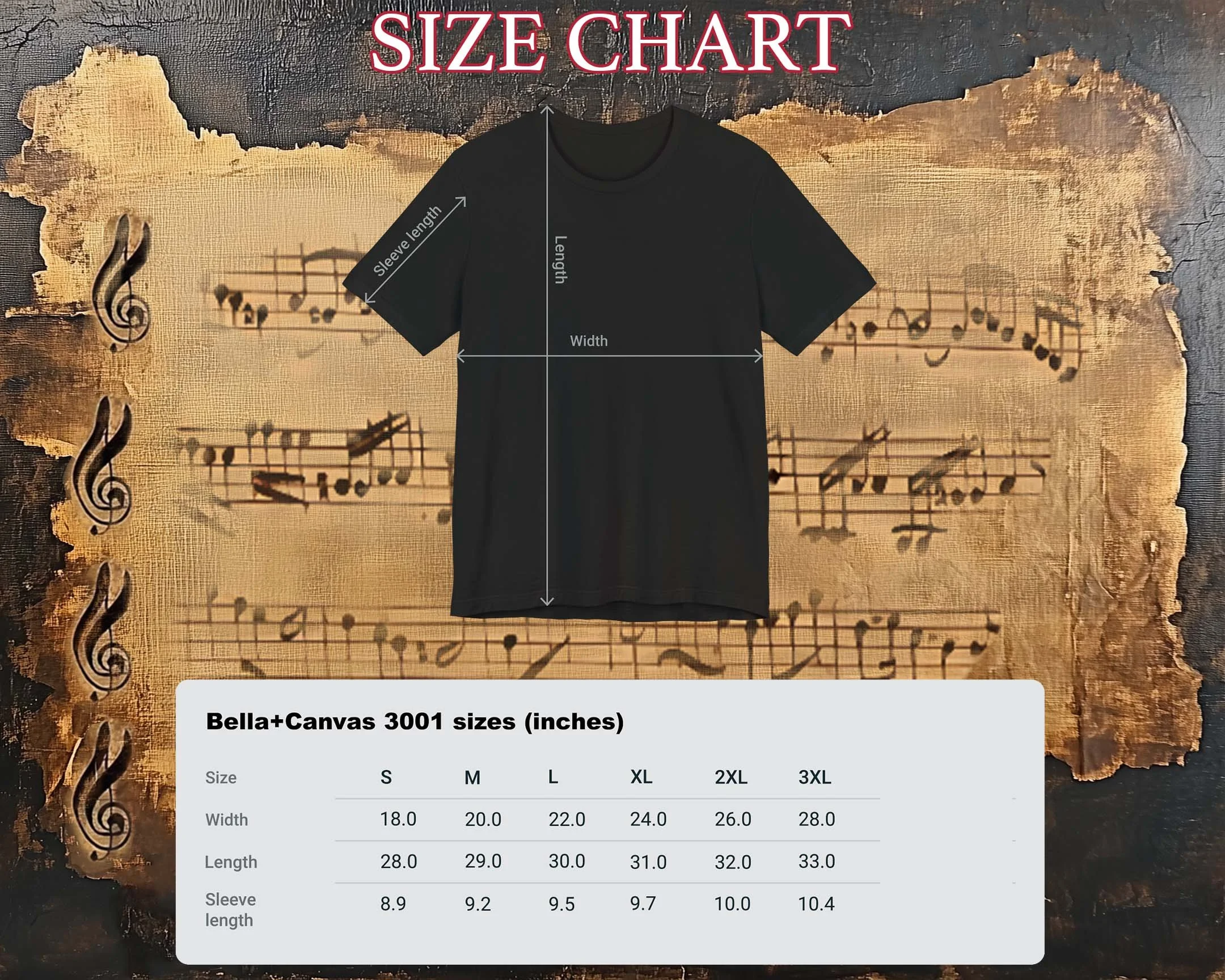 Image of a size chart for Bella+Canvas 3001 t-shirts, showing different sizes from small to 3XL along with their respective measurements for width, length, and sleeve length. The background features a vintage musical theme with sheet music and a treble clef symbol.