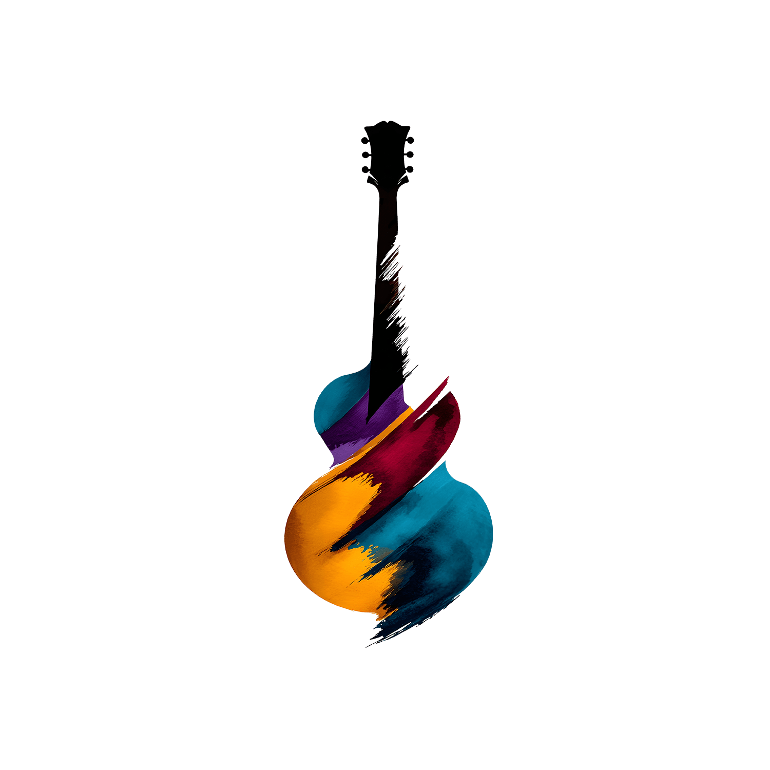 A musical note with a colorful abstract paint stroke pattern in shades of blue, purple, orange, red, and yellow on a black background.