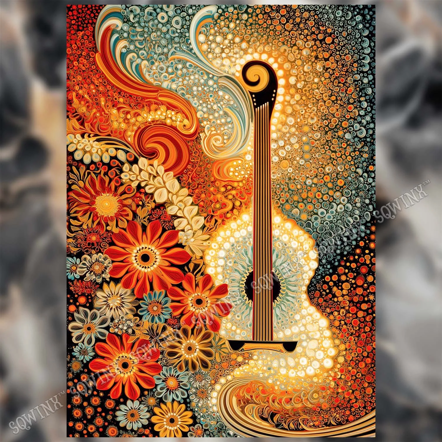 Sqwinx™ Cosmic acoustic guitar and flora greeting card.
