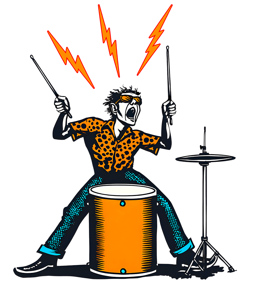 Cartoon of a screaming drummer playing on a drum set, wearing sunglasses and a leopard print shirt, with red lightning bolts above his head.