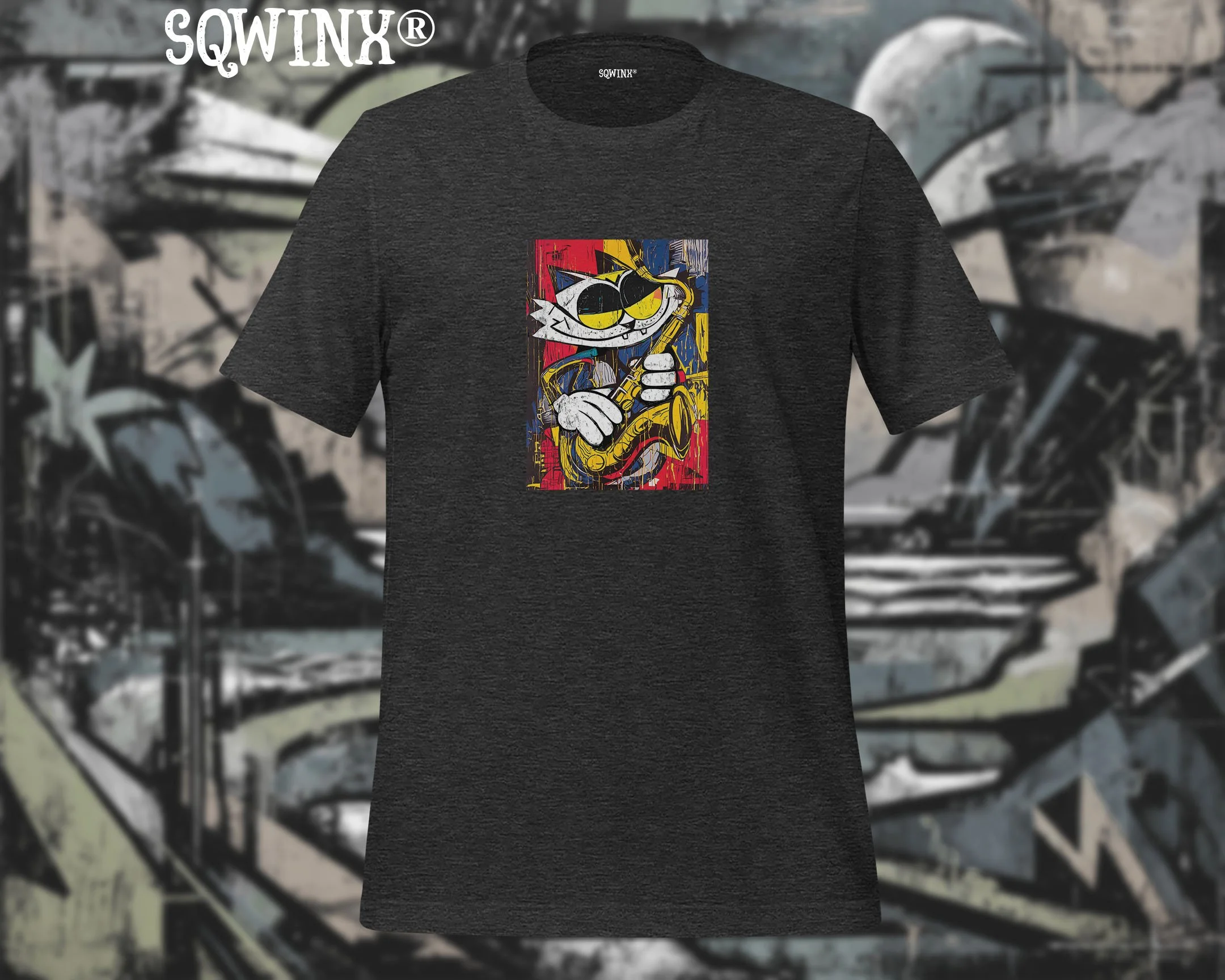 Sqwinx® Dark Heather Grey Tee, Graffiti Comic Cat and Saxophone design