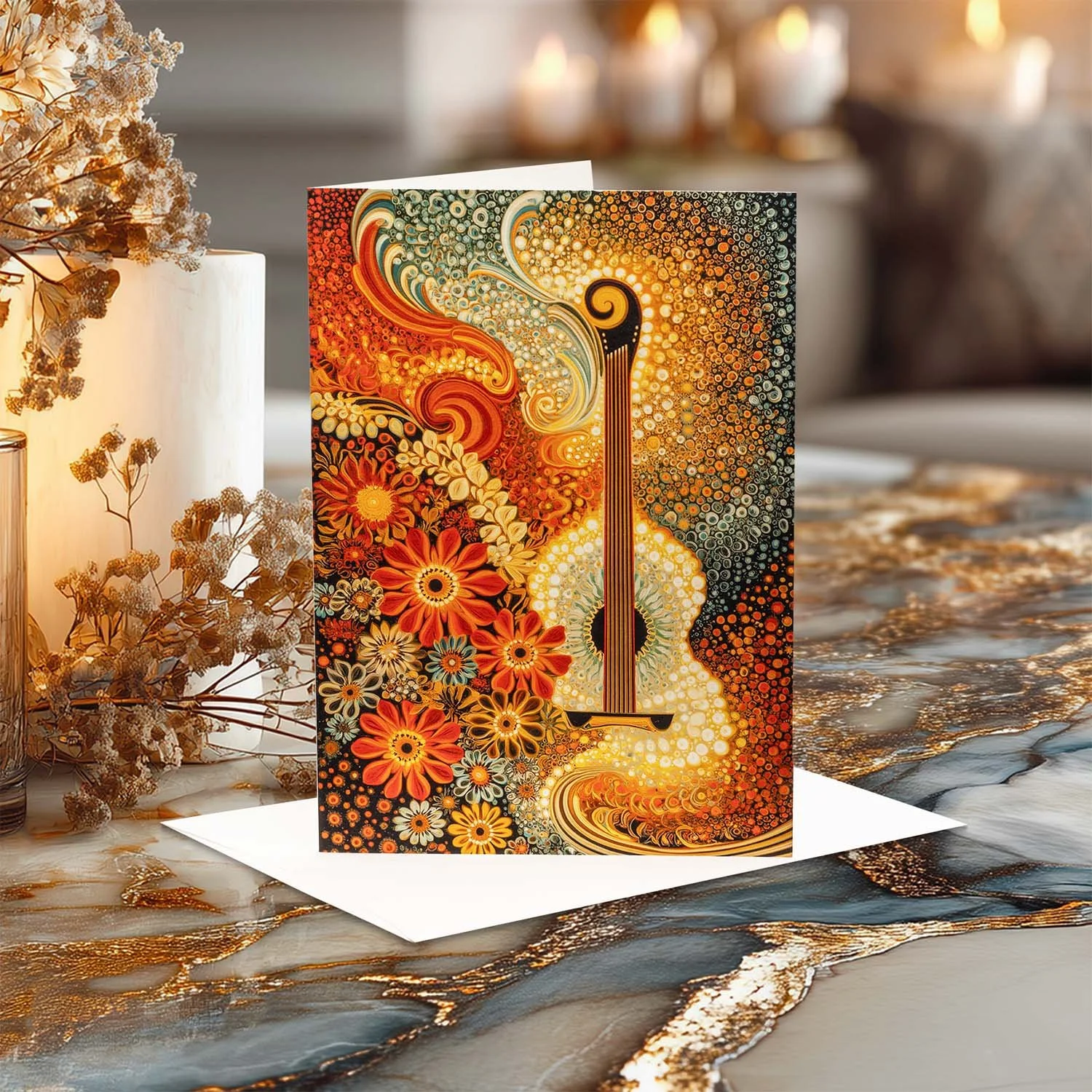Sqwinx™ Cosmic acoustic guitar and flora all occasions card.