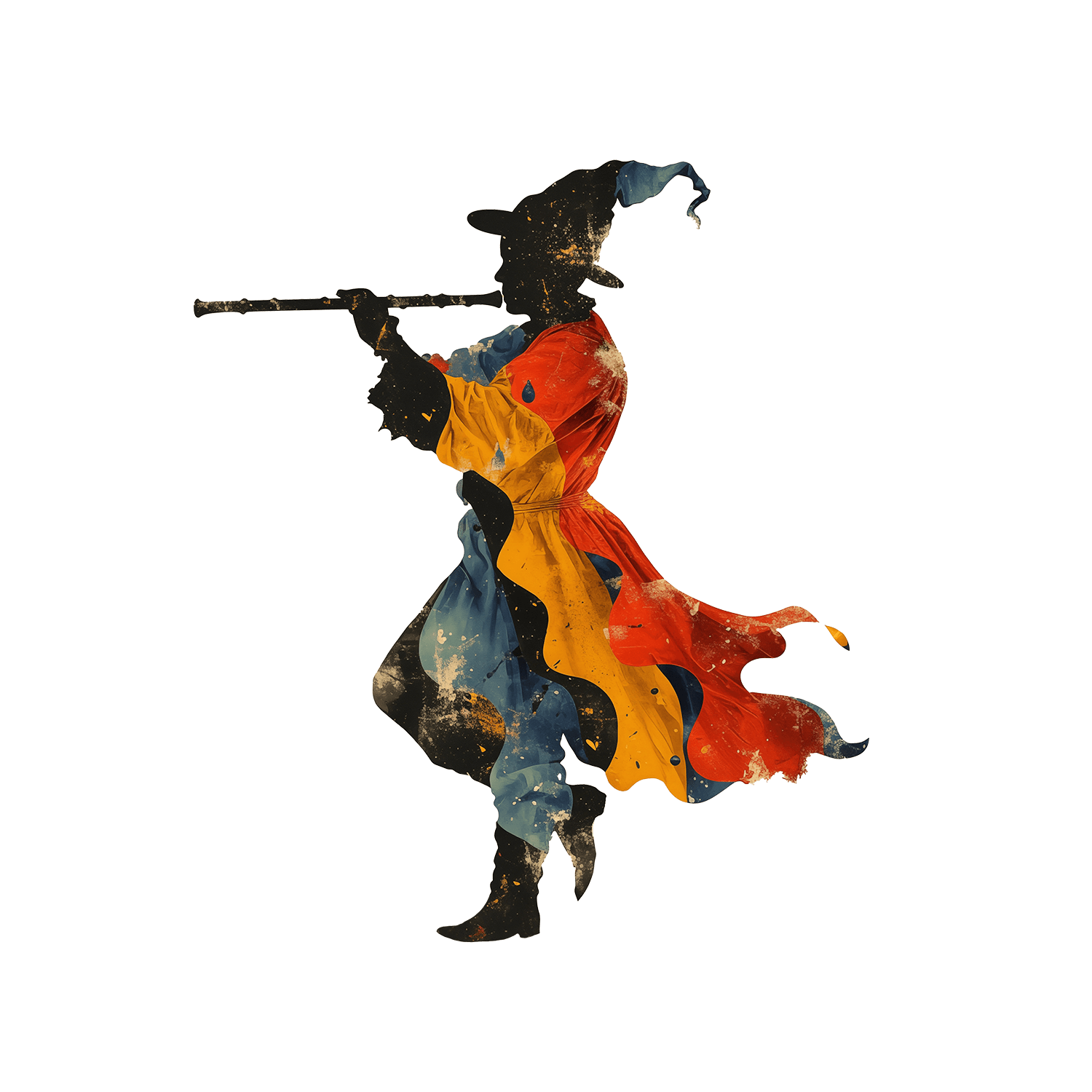 Silhouette of a person dressed in colorful clothing, holding a long staff horizontally, against a black background. The silhouette is filled with vibrant, flowing colors and paint splatters, giving an artistic and abstract effect.