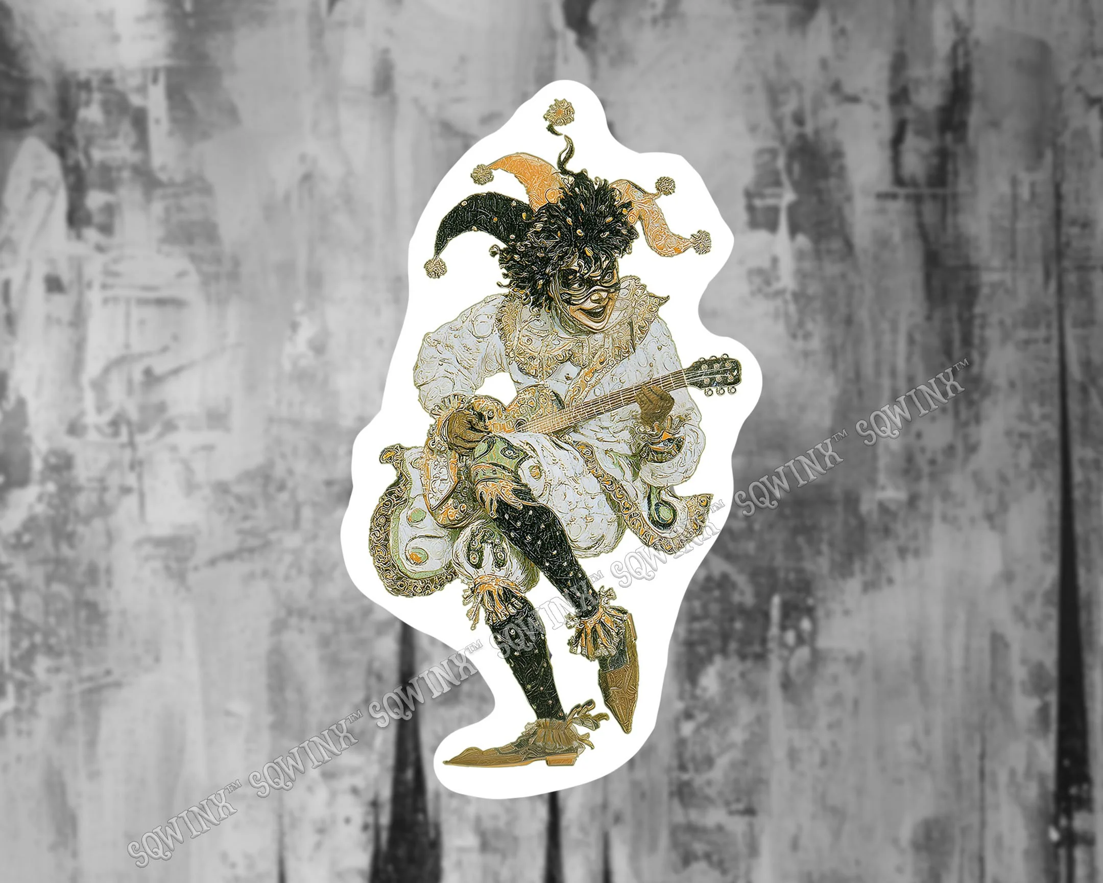 Vintage Jester Playing Guitar Decal | Whimsical Musician Vinyl Sticker | Sqwinx™