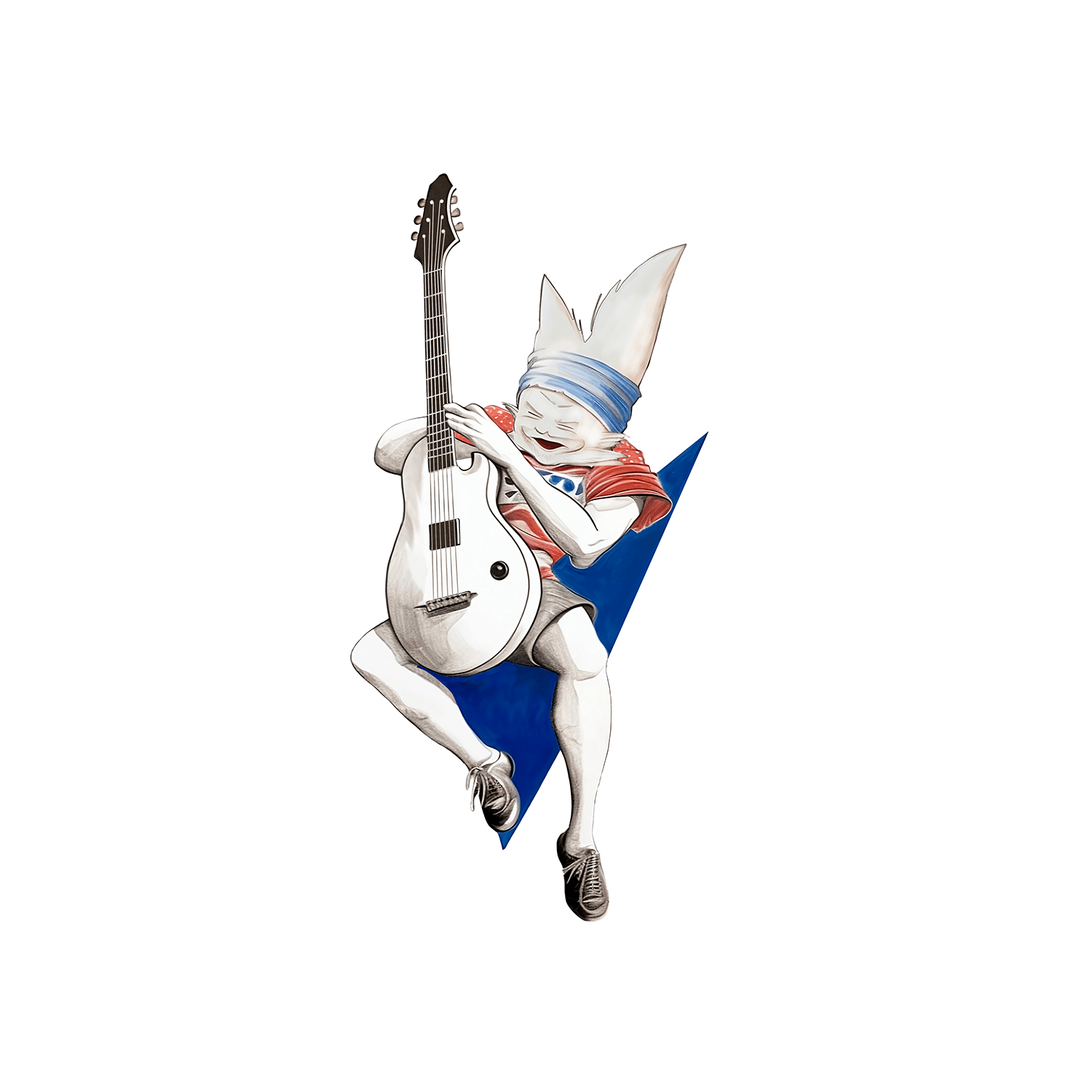 Cartoon character with a large head, wearing a blue headband and red shirt, playing an electric guitar, jumping or dancing on a blue background.