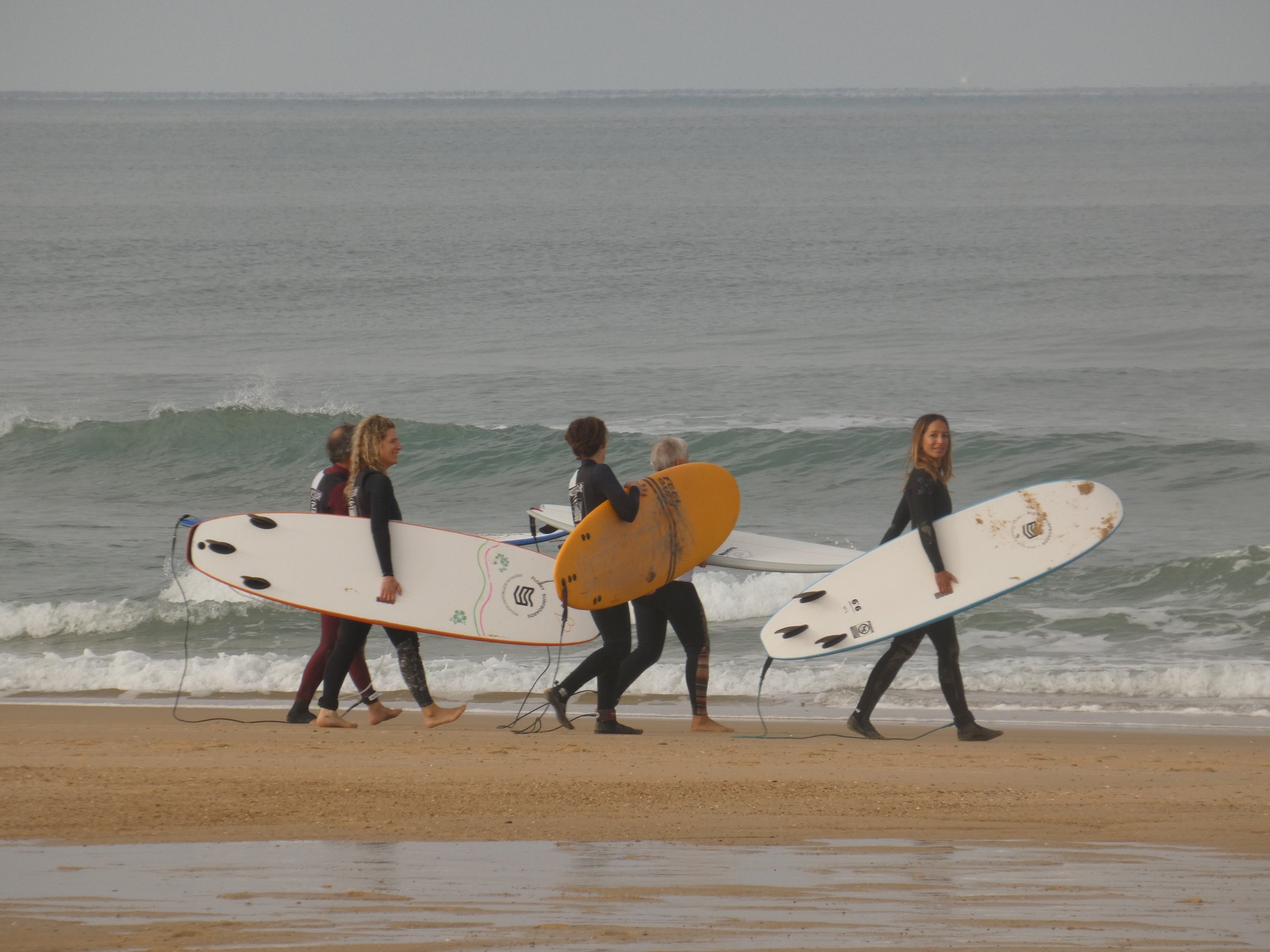 Groupe de surfeurs avec planches de surf marchant sur la plage, vue sur l'océan en arrière-plan.