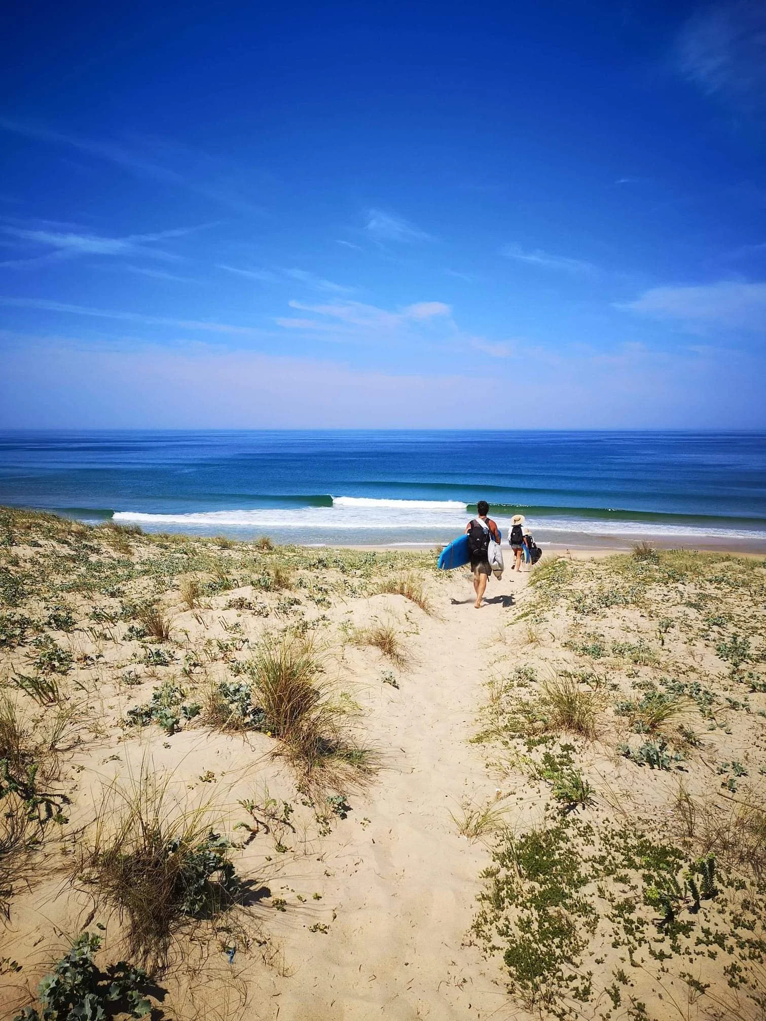 Deux personnes avec des sacs et une planche de surf marchant sur un sentier côtier vers la plage sous un ciel bleu clair.