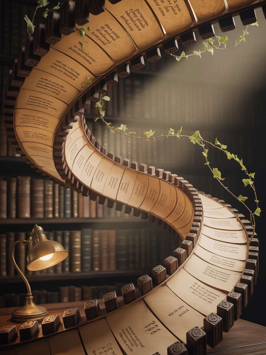 Eine Spirale aus alten Büchern, die um eine Holzplatte gewickelt ist, mit einer kleinen Schreibtischlampe, im Hintergrund Bücherregale.