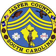 Jasper County South Carolina seal featuring a bear, a deer, a fleur-de-lis, pine cones, and a white flower, with the year 1912.