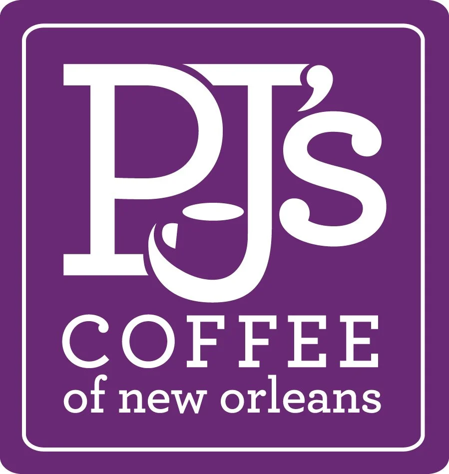 Purple logo with white text that reads "PJ'S Coffee of New Orleans"