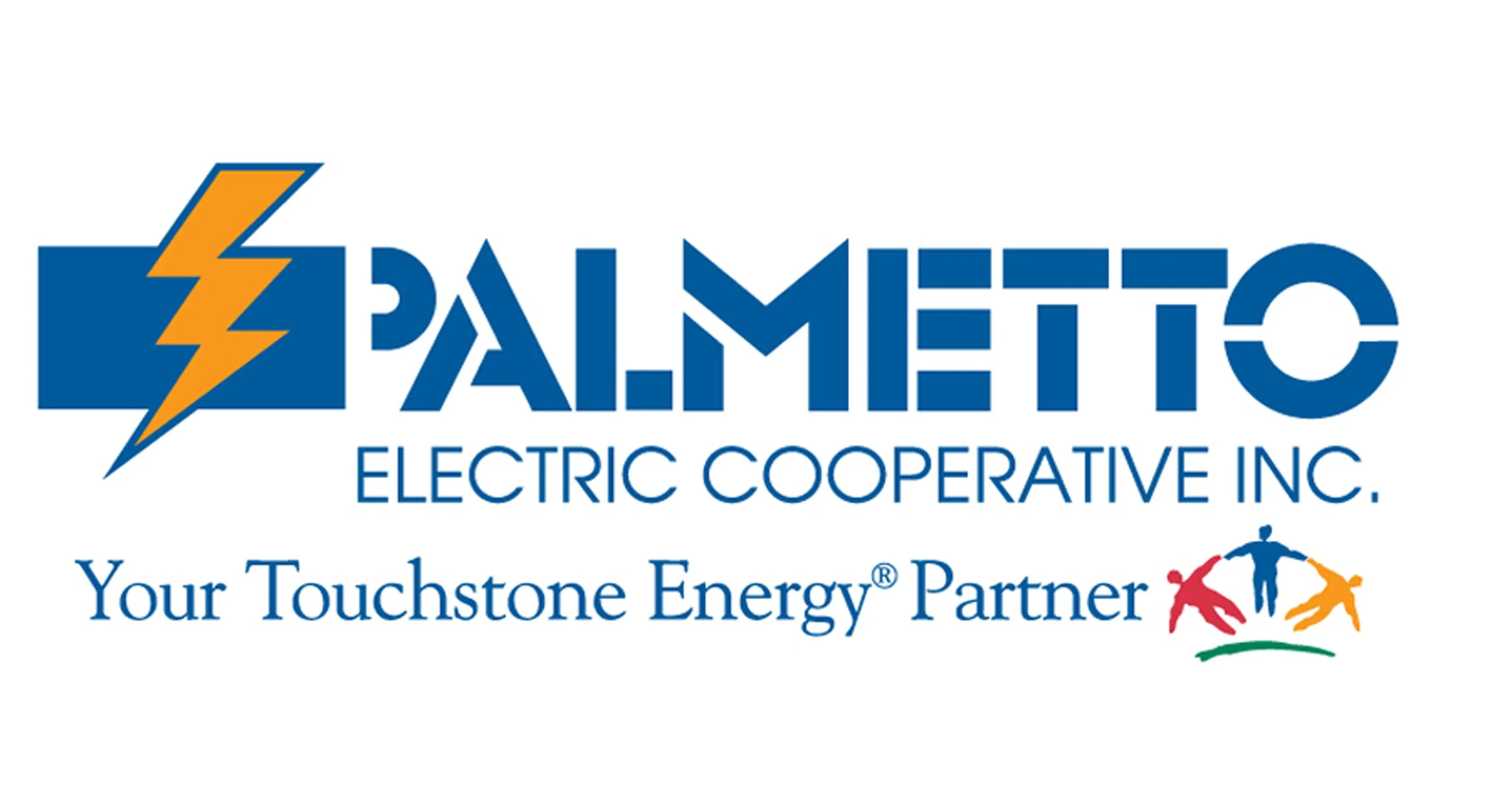 Logo of Palmito Electric Cooperative Inc. featuring a yellow lightning bolt and the company's name in blue text, with additional slogan and colorful human figures holding hands.