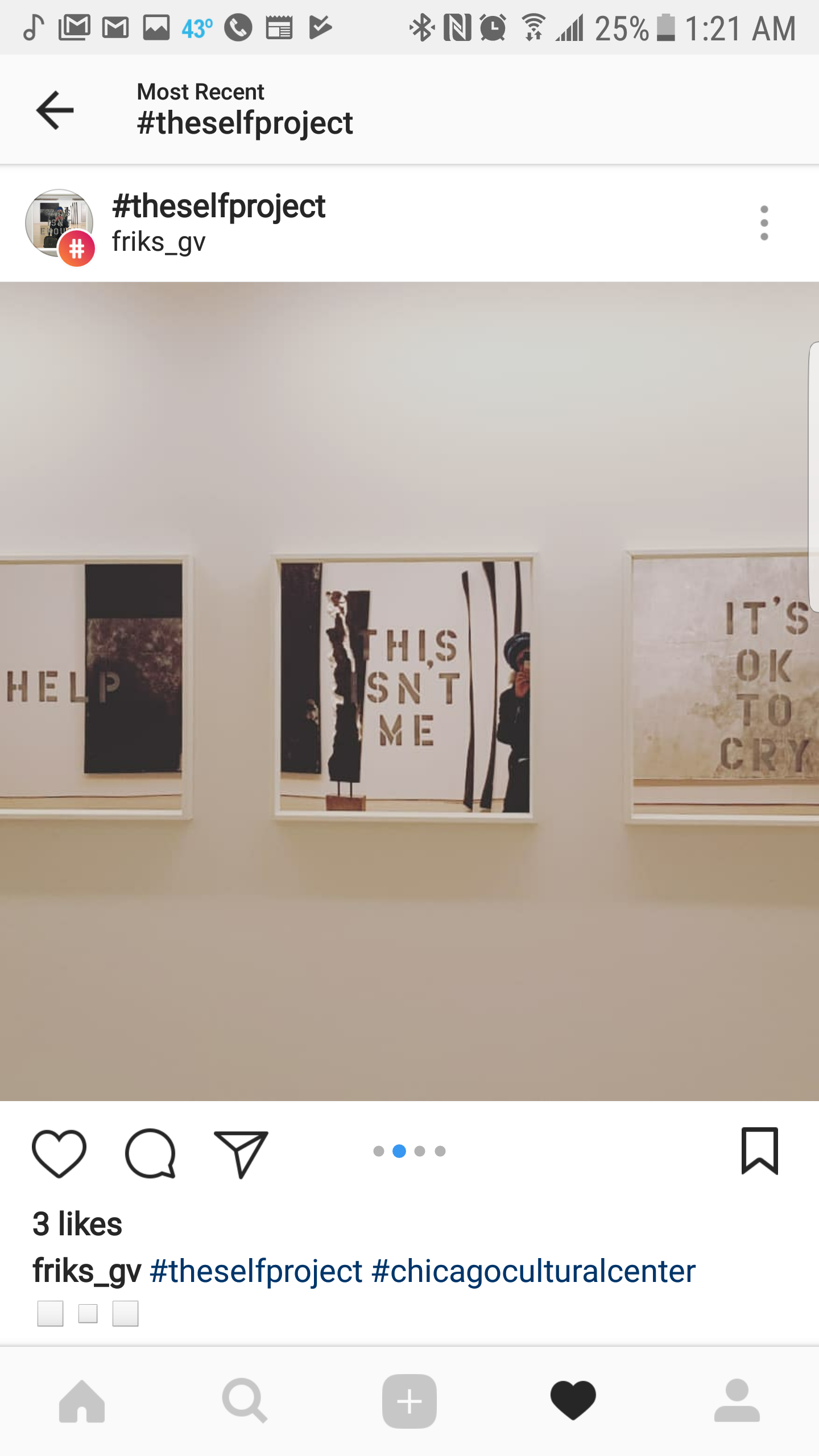 Photographs of three art pieces with quotes on a white gallery wall. The quotes read: "HELP," "THIS ISN'T ME," and "IT'S OK TO CRY."