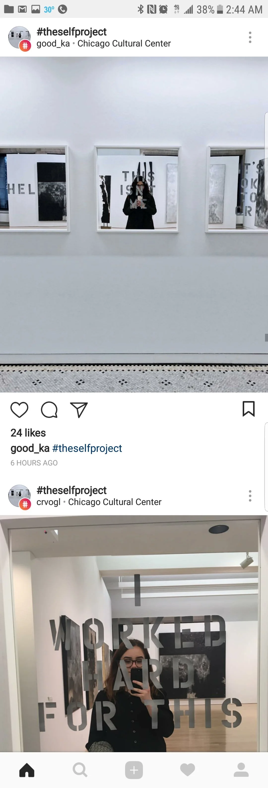 Two photos taken at the Chicago Cultural Center. The first photo shows a row of mirrors with black and white abstract artwork and text behind them, including the phrase "THIS IS NOT". The second photo shows a woman taking a selfie in front of a mirro