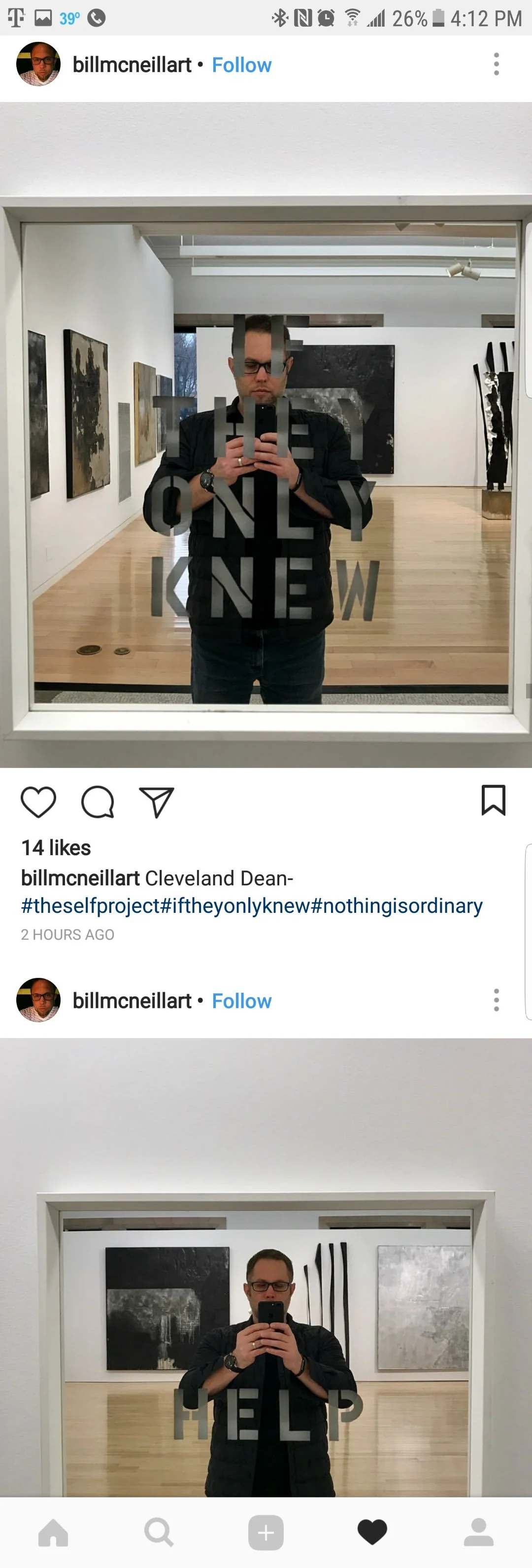 Self-portraits of men taking mirror selfies in art gallery, with reflective text on mirror saying "FEEL" and "HELP" respectively.