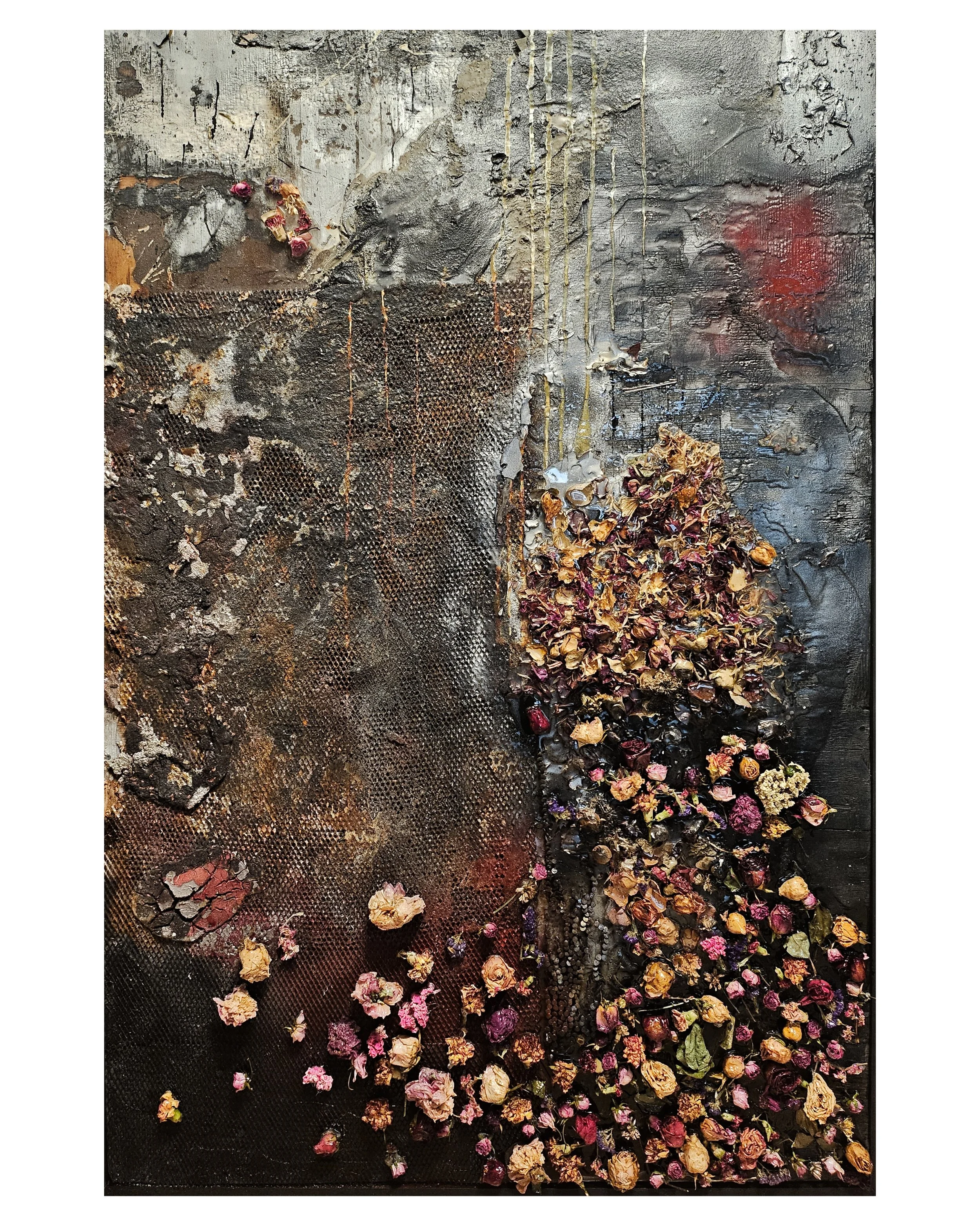 Hales:Black Bushido
acrylic, aerosol paint, metal, concrete, enamel, resin, dried flowers on shou sugi ban distressed wood