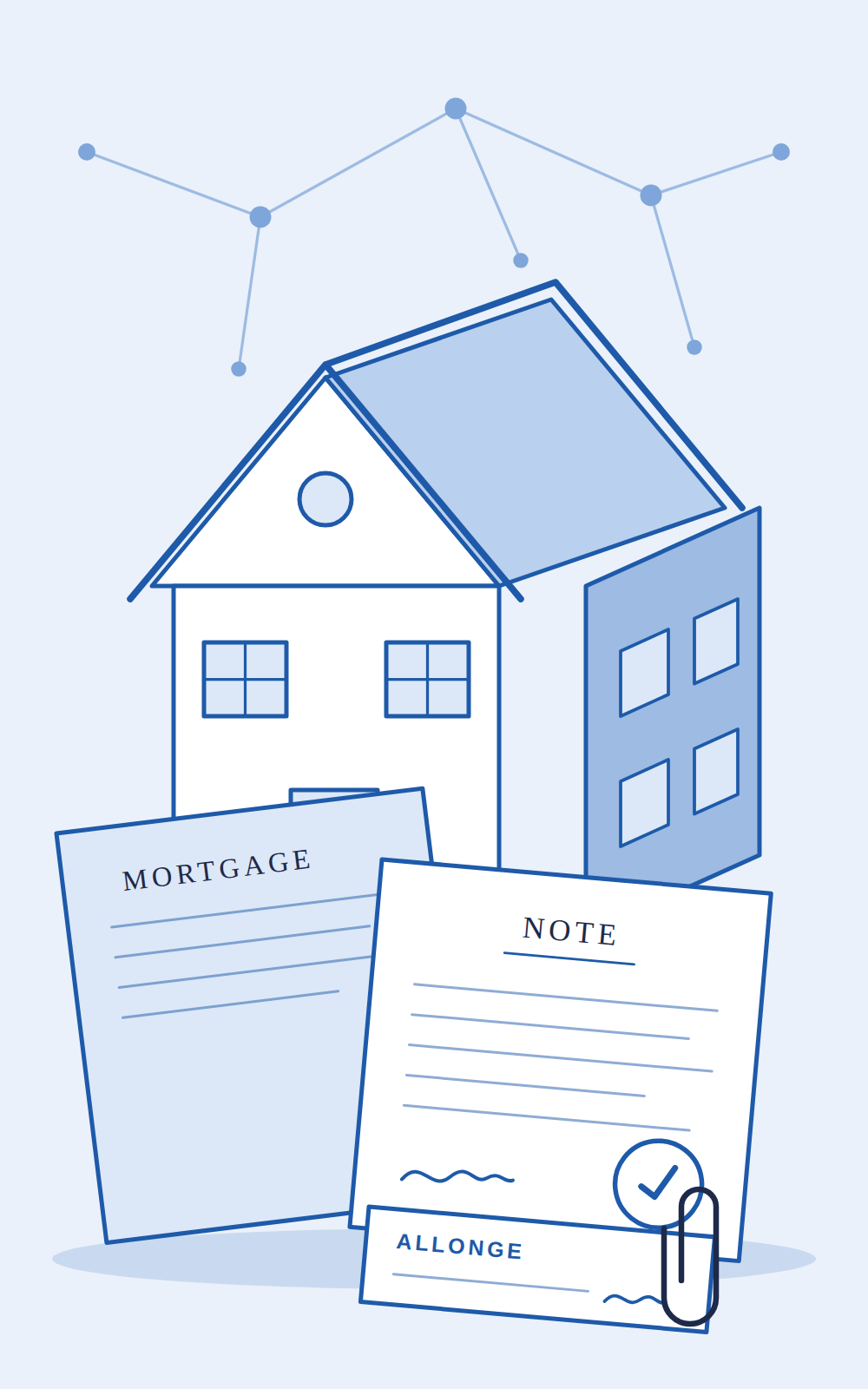 Illustration of a house with its mortgage, promissory note and allonge, the collateral file Paragon reviews and cures