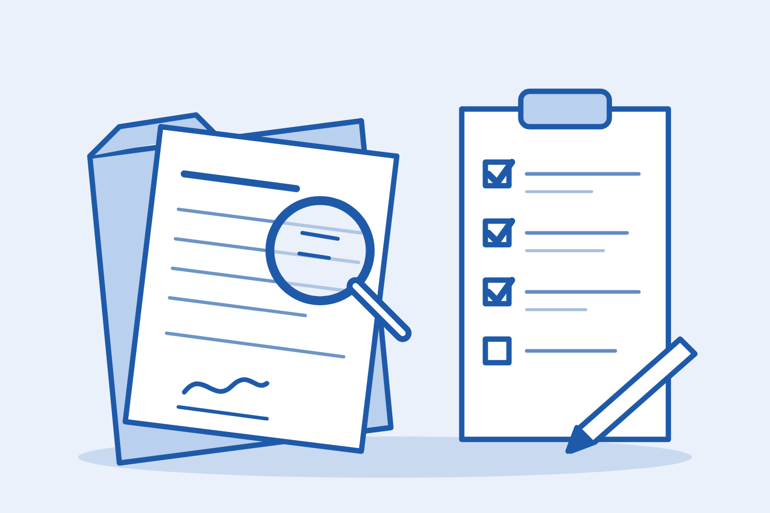 Illustration of a loan document under a magnifying glass beside a resolution checklist