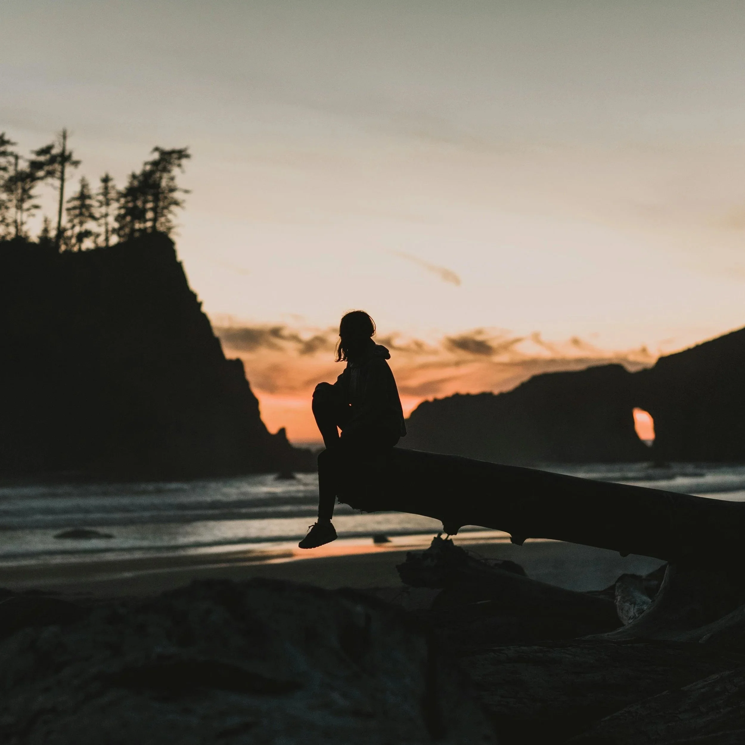 A silhouette of a child sitting on a rock by the beach during sunset, with trees on a cliff to the left and the ocean in the background.