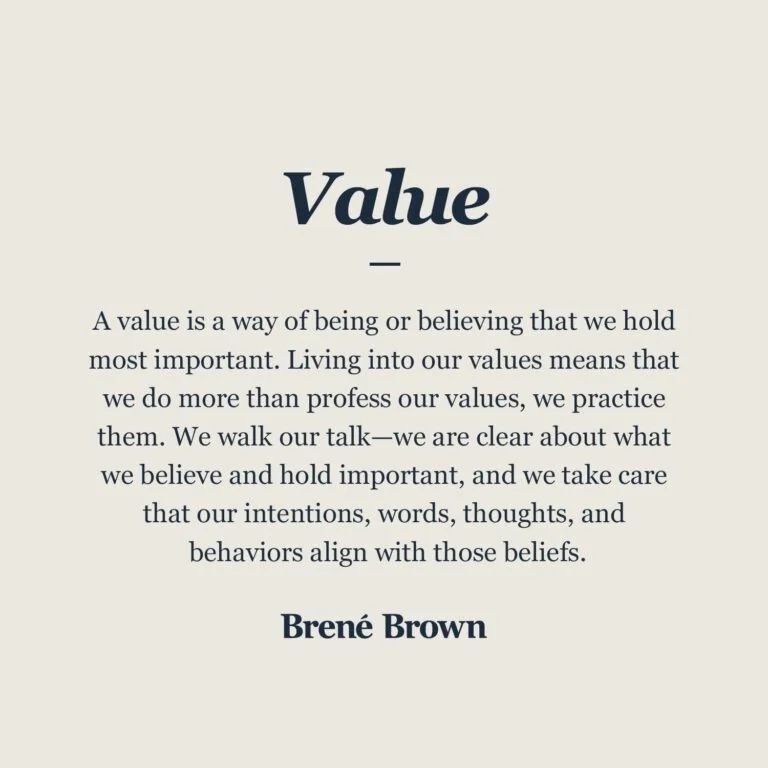 Brené Brown quote card defining personal values and living in alignment with core beliefs.