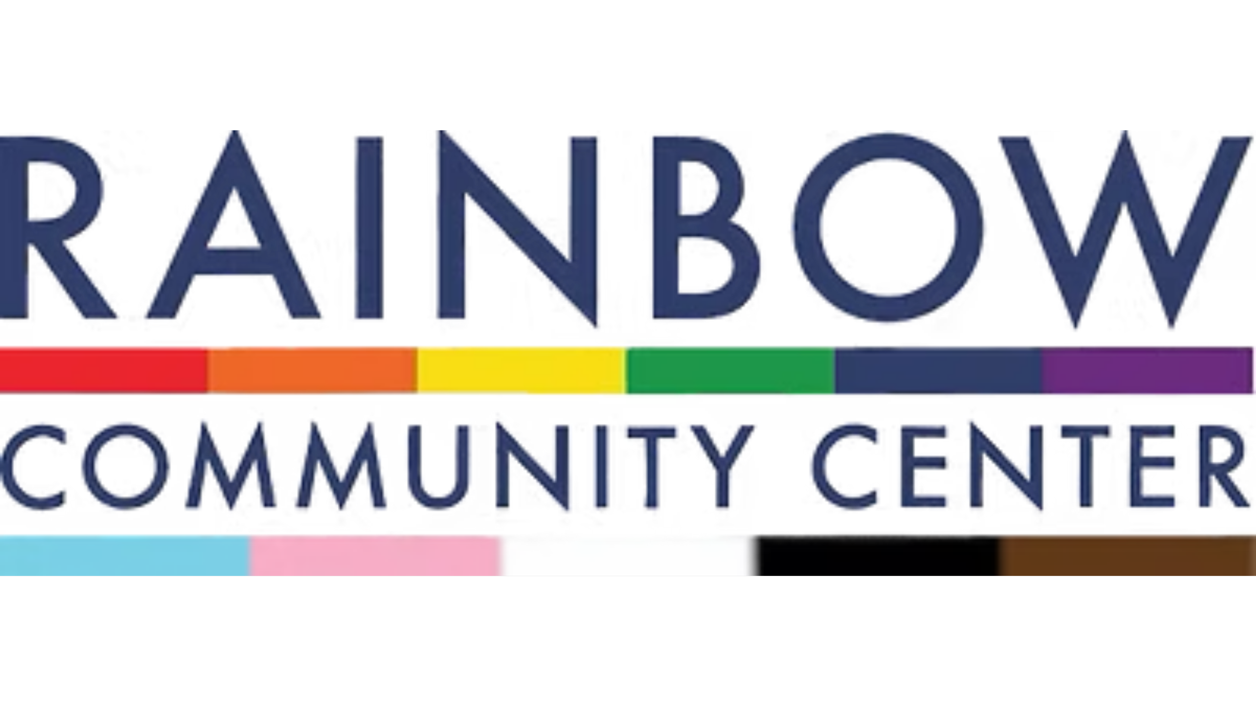 Rainbow-colored horizontal bar with the text 'RAINBOW COMMUNITY CENTER' above and 'COMMUNITY CENTER' below in blue letters.
