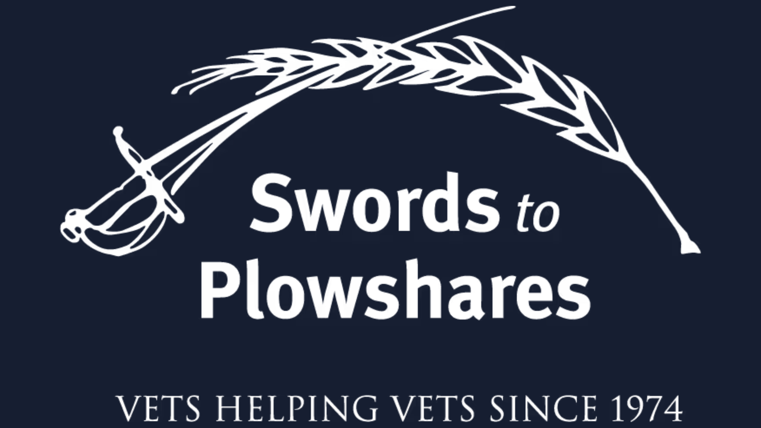 Logo for Swords to Plowshares featuring a white drawing of a sword and a wheat stalk on a dark background, with the text "Swords to Plowshares" and "Vets helping vets since 1974".
