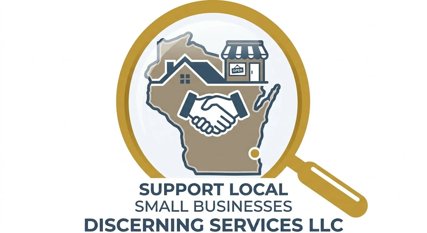 Graphic logo supporting small local businesses showing a magnifying glass over a map of the United States with a house, shop, and handshake inside.