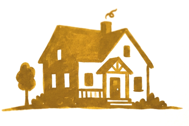 Illustration of a two-story house with a chimney, front steps, and a small tree to the side.