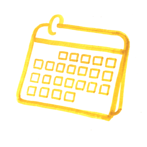 Yellow hand-drawn calendar with a ring at the top for hanging.