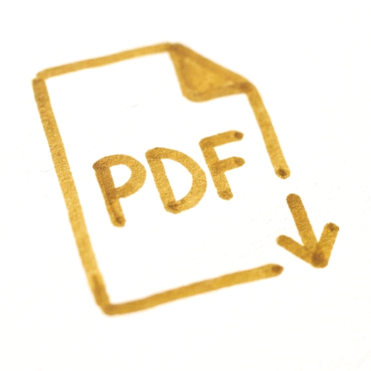 Hand-drawn icon of a PDF file with a downward arrow.