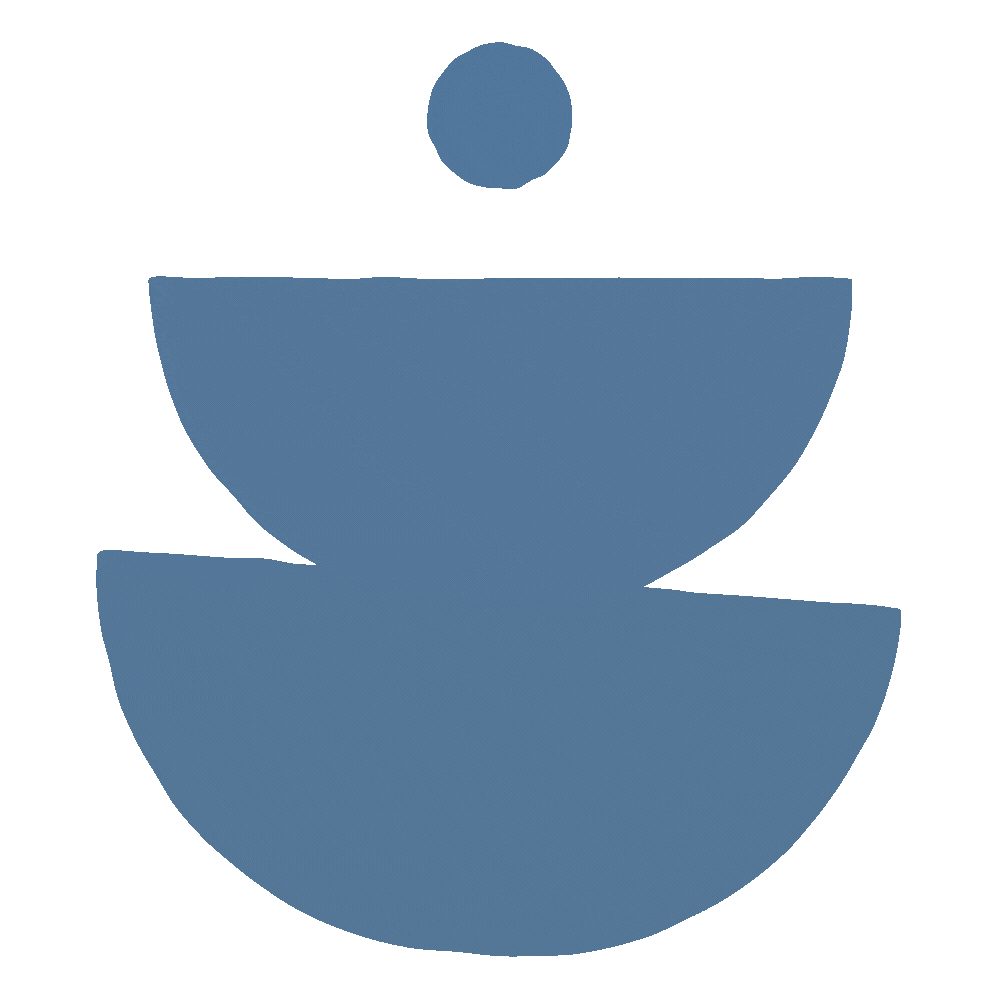 Stylized graphic of stacked bowls or dishes with a circular object above them, all in shades of blue.