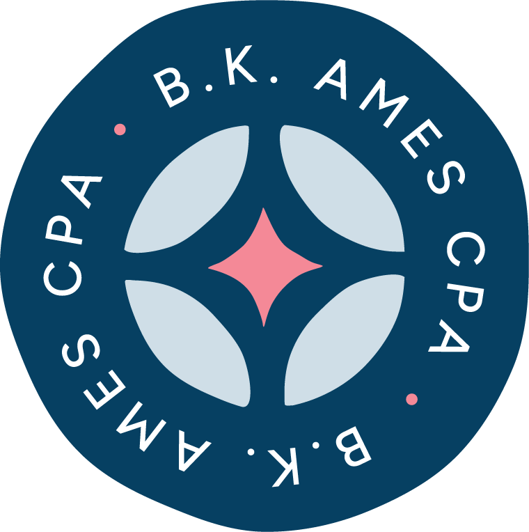 Logo of B.K. Ames C.P.A featuring a circular design with four light blue leaves around a pink diamond shape, and the text 'B.K. Ames C.P.A' repeated around the circle.