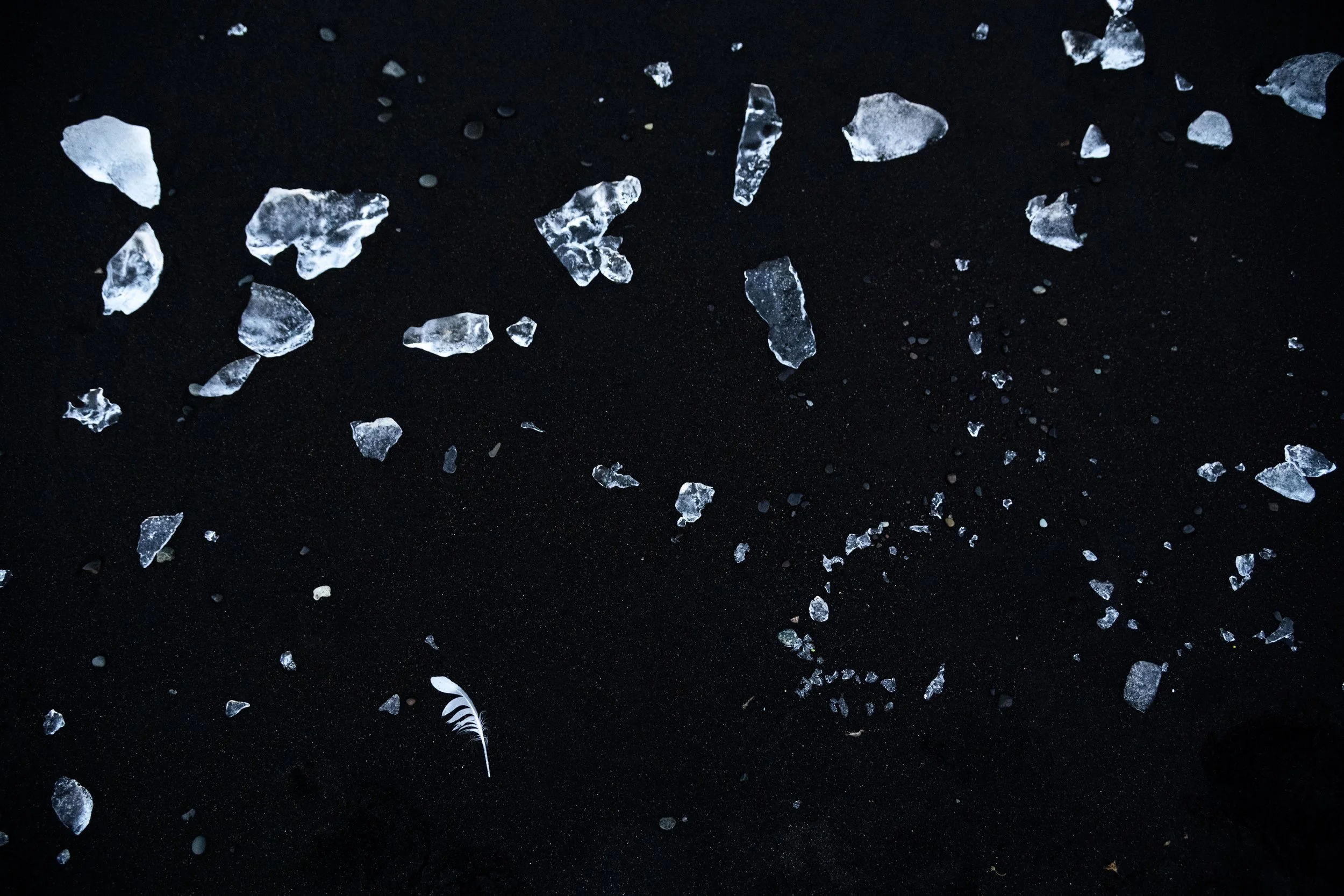 Pieces of broken glass scattered on black sand beach with a white feather in the foreground.