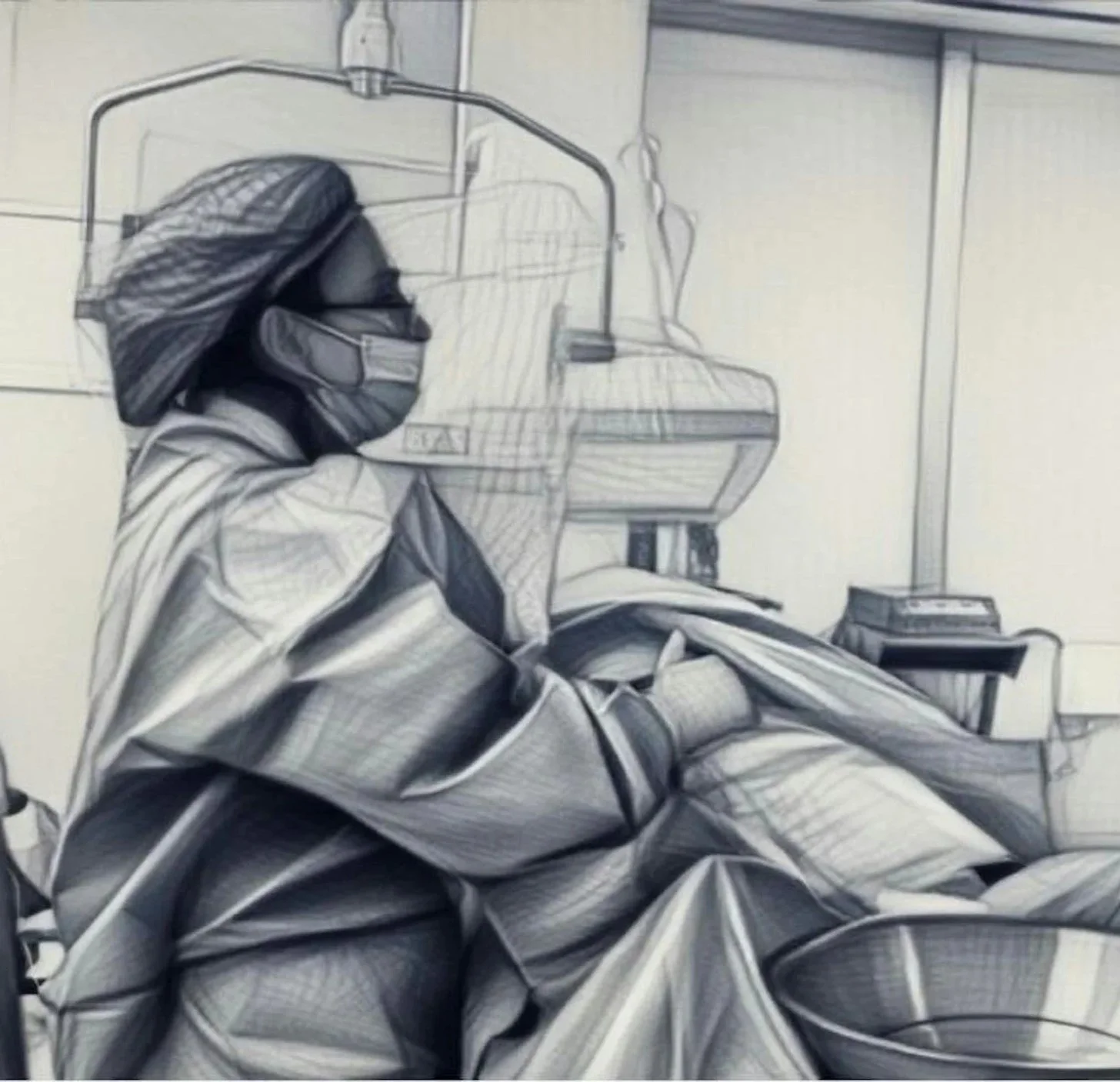 A person resting in a hospital bed, wearing a head covering, face mask, and gown, with medical equipment in the background.