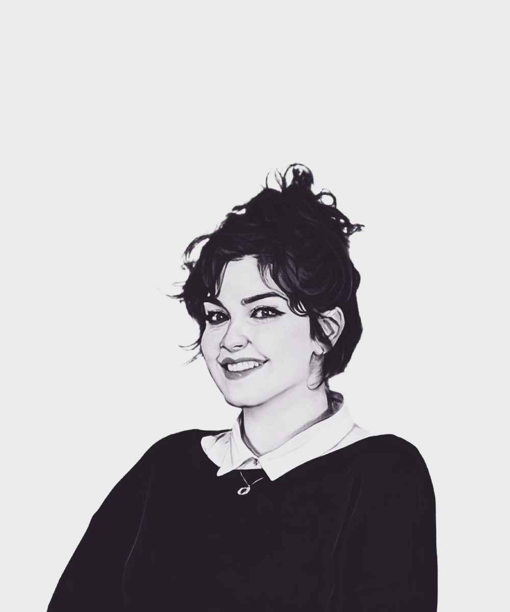 Black and white digital illustration of a woman with short, curly hair, smiling, wearing a collared shirt and a dark sweater.