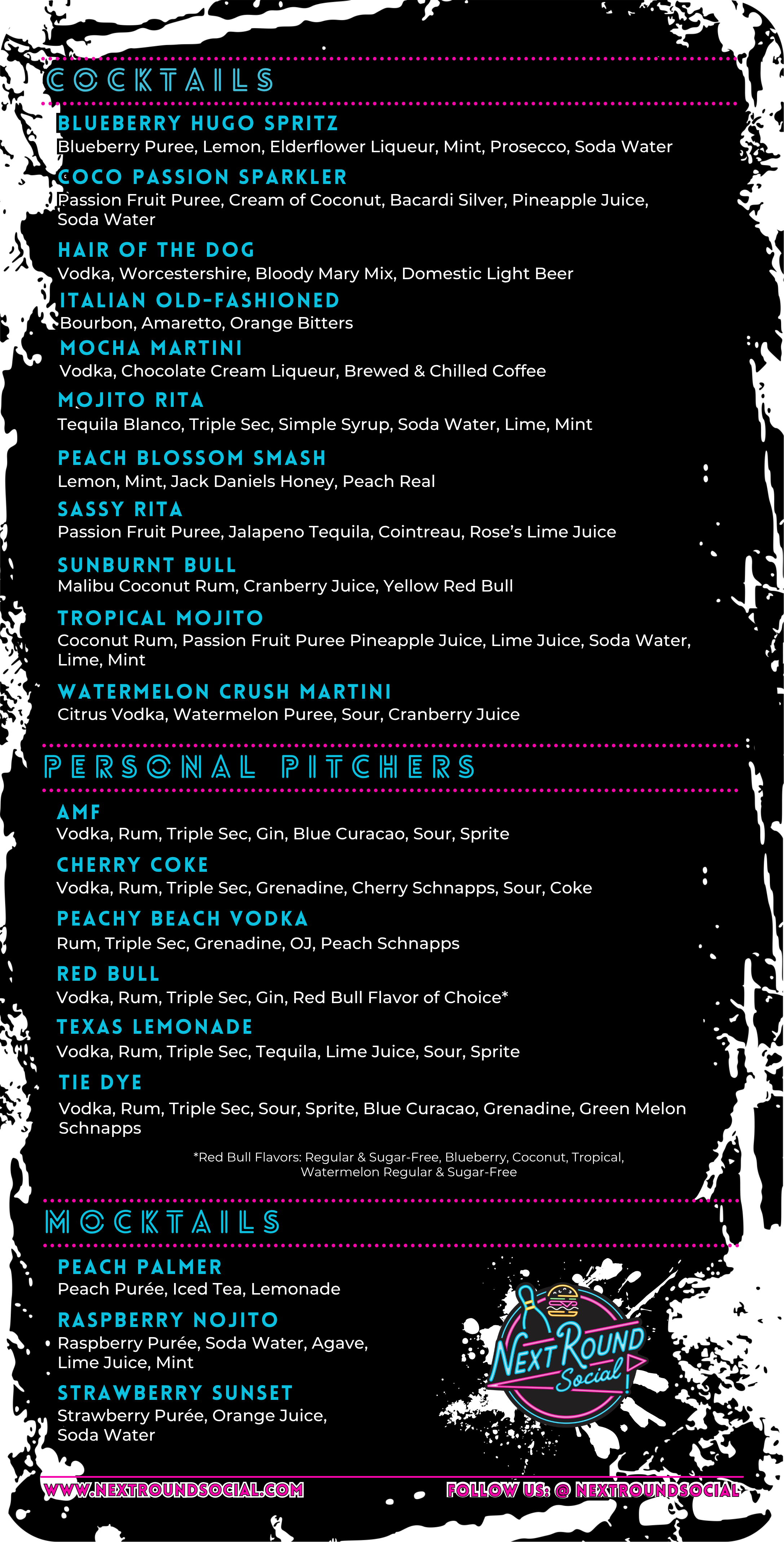 A drink menu featuring various cocktails and personal pitchers, with ingredients listed for each drink, and the logo of Next Round Social at the bottom.