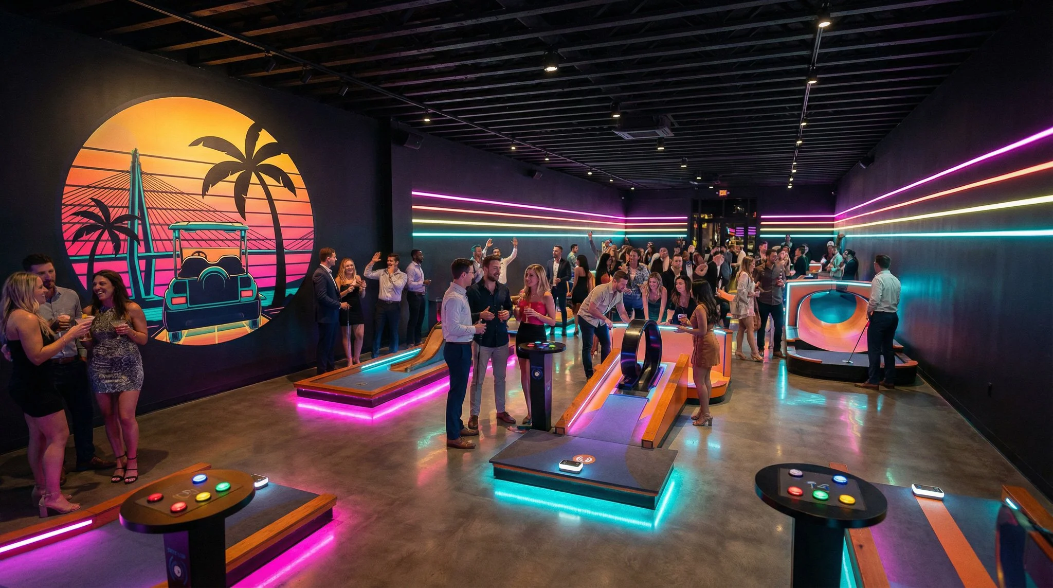 People playing miniature golf in a brightly lit, retro-themed indoor golf arcade with colorful neon lights and wall art of palm trees and sunset.