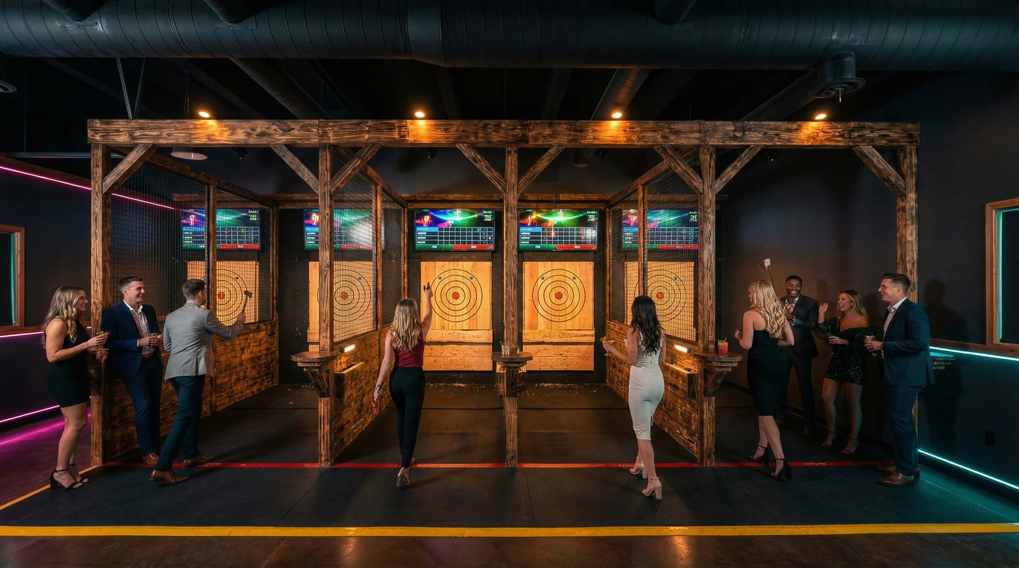 People playing axe throwing at an indoor venue, with target boards and digital score screens above.