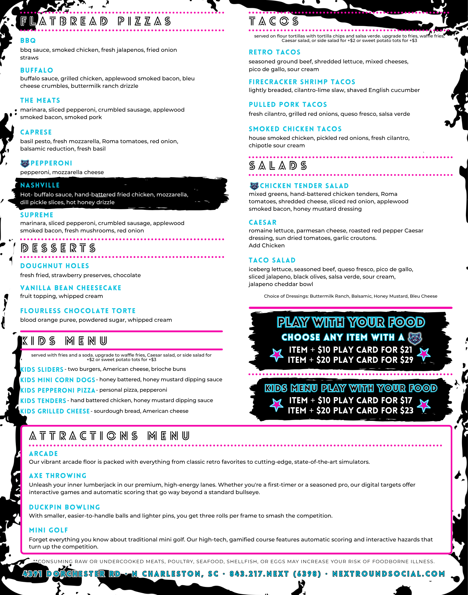 Close-up view of a menu page featuring various food and activity options, including Flatbread Pizzas, Tacos, Salads, Kids Menu, Attractions, and Arcade, with a black and white abstract background and bright blue and pink text.