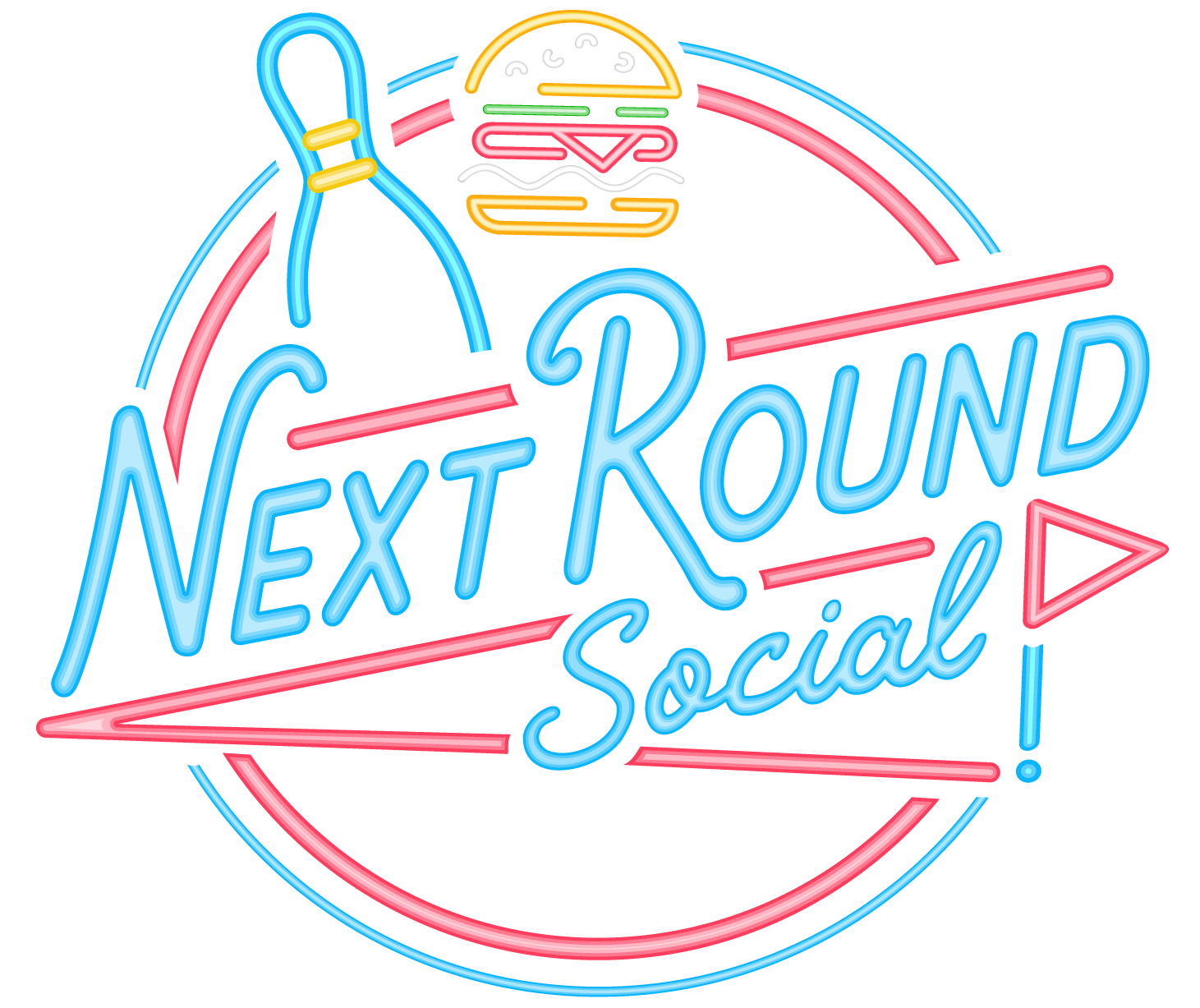 A colorful neon sign with the words 'Next Round Social' and a depiction of games and food on offer.