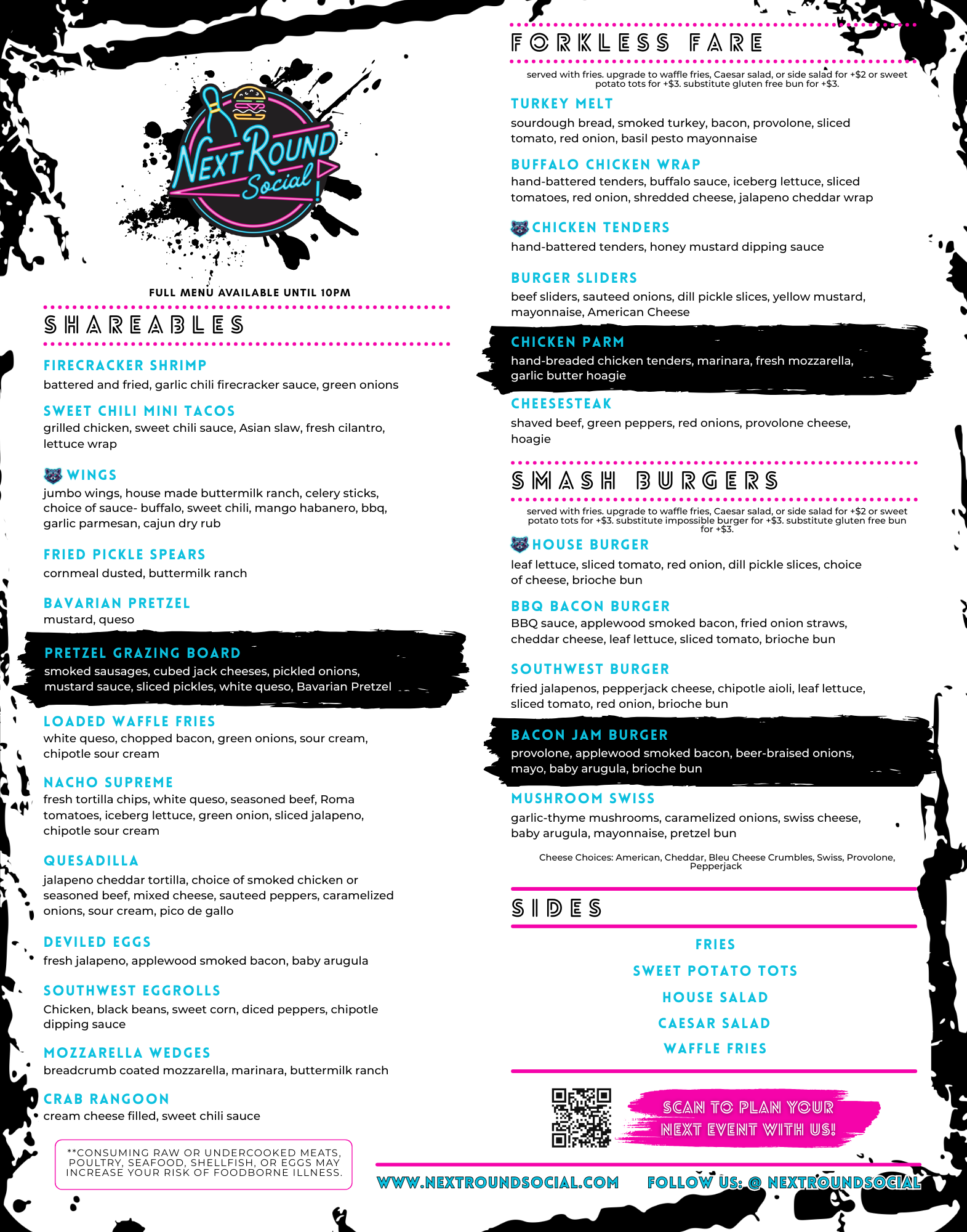 Menu for Next Round Social featuring various food options including appetizers, sandwiches, burgers, and sides, with a black and white splash design and pink and blue accents.