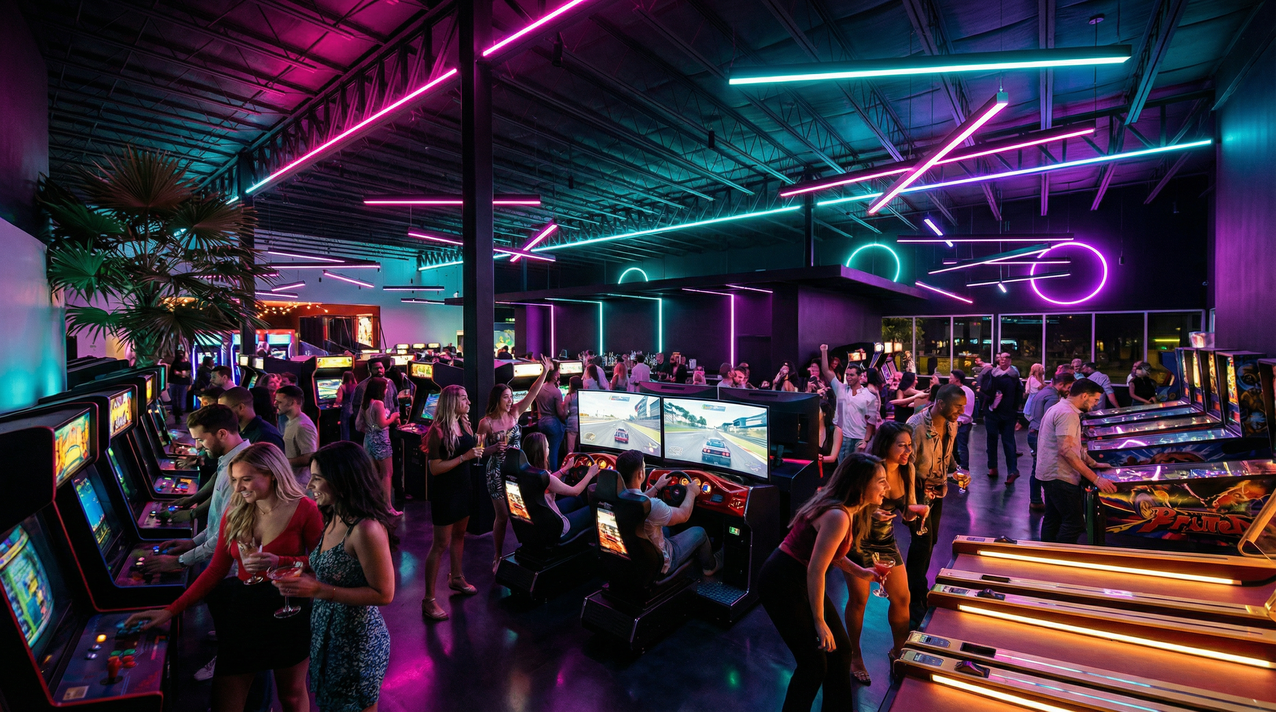 People playing arcade games in a dimly lit arcade with colorful neon lighting.