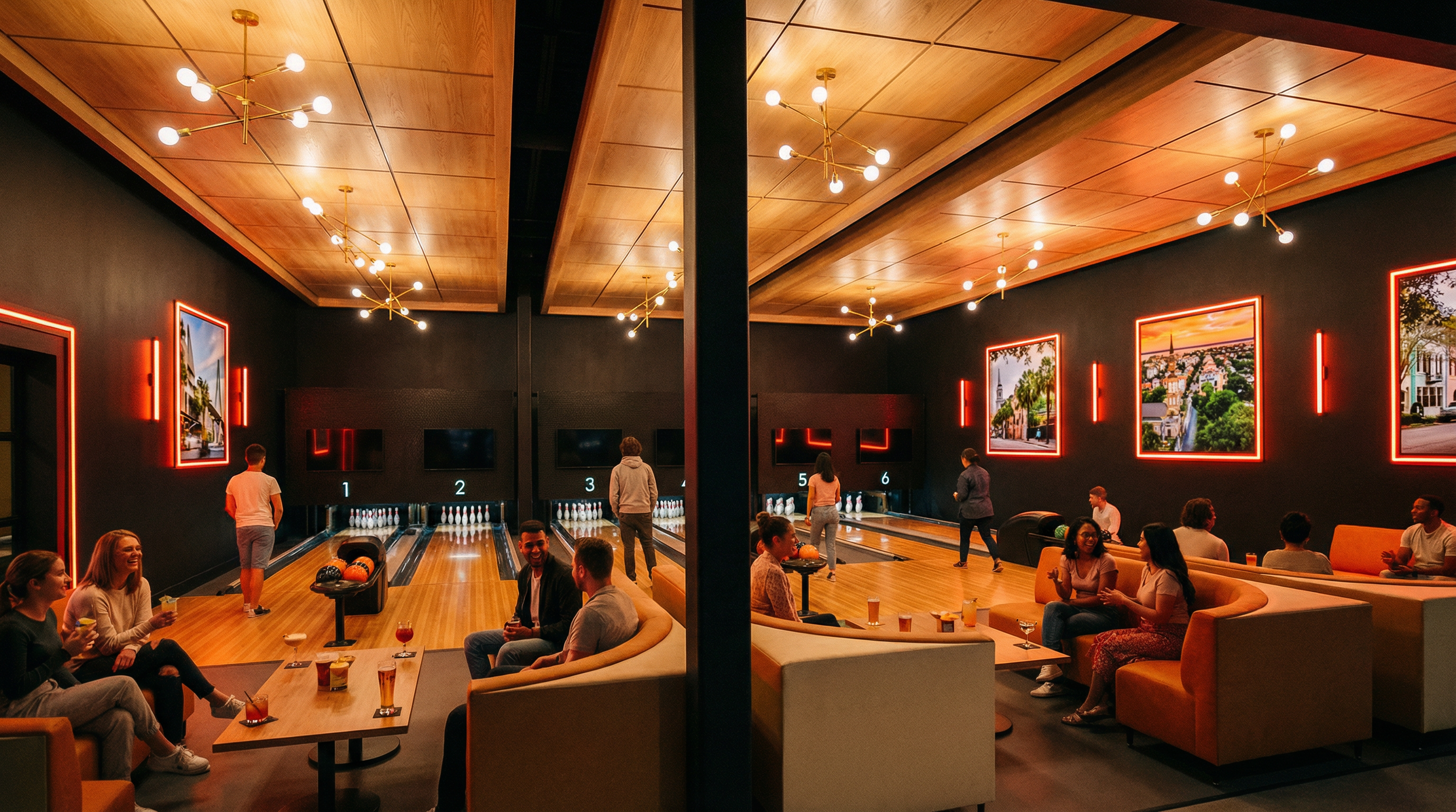 A lively indoor bowling alley with groups of people socializing and playing. The space features warm wood ceilings, modern lighting fixtures, framed landscape photographs with neon lighting on the dark wall, and seating areas with drinks.