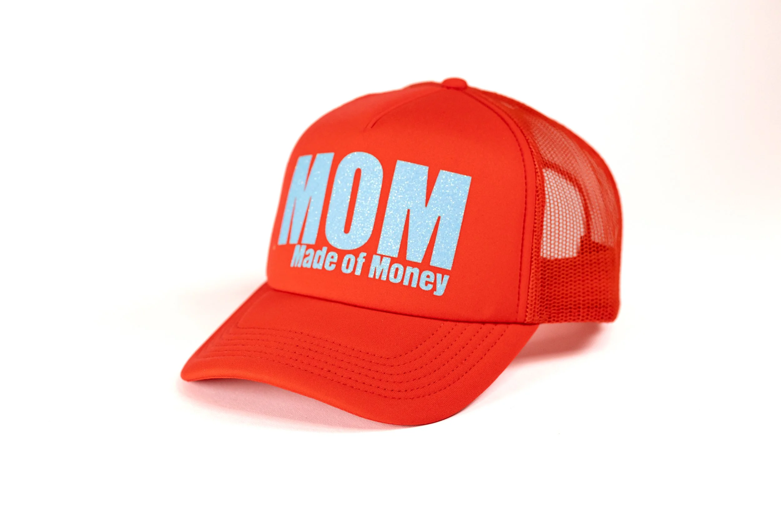 MOM 'Made of Money' Trucker - Crimson with Bright Blue Glitter